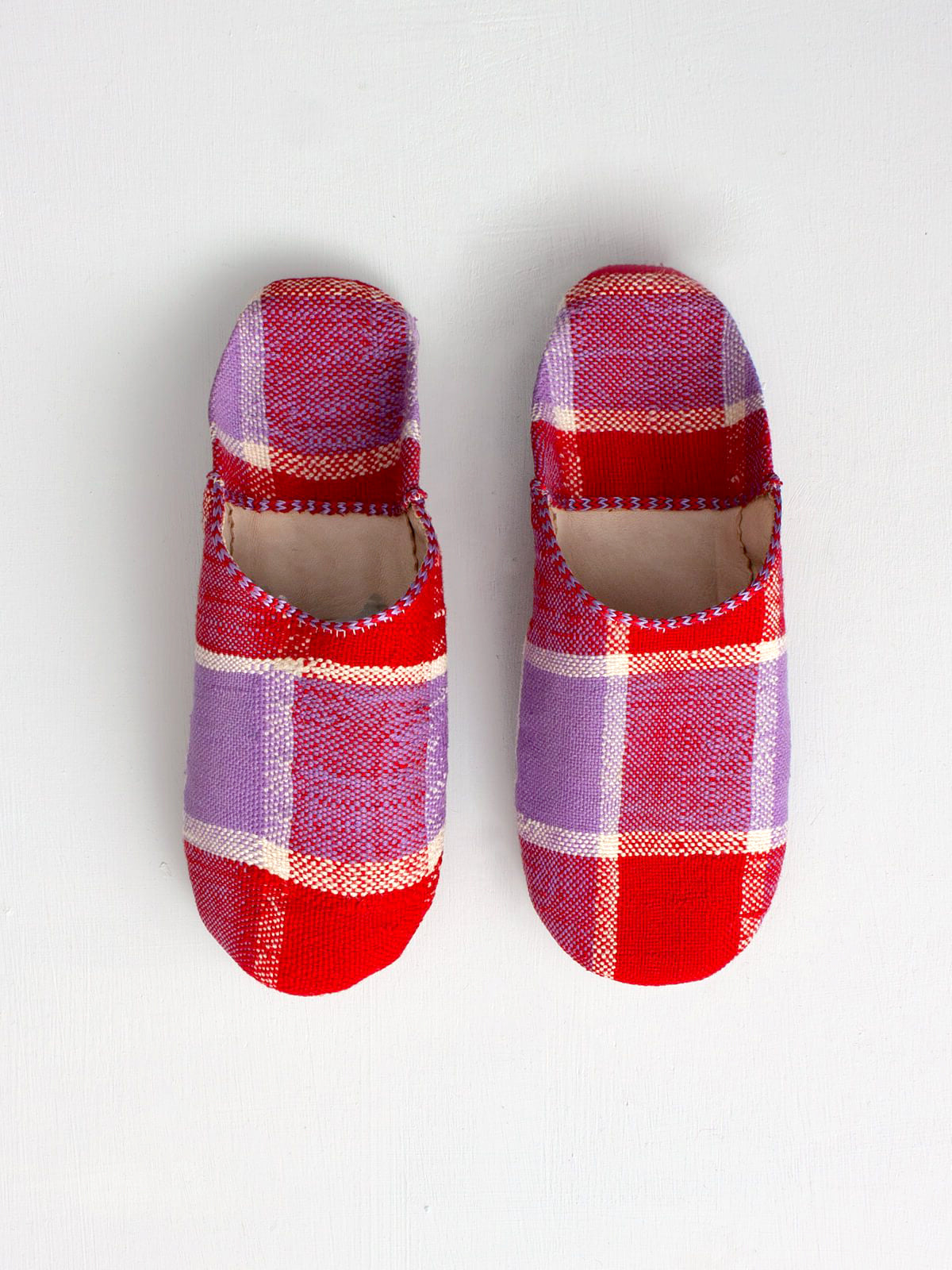 Authentic Moroccan Boujad Babouche Slippers - Handmade Leather Red & Lilac Checkered Pattern | Comfortable House Shoes for Women & Men | Perfect for Home, Lounge & Cultural Events