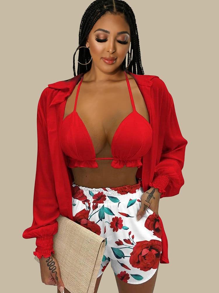 Women's Hawaiian 3-Piece Outfit Set - Floral Print Blouse, Casual Mini Shorts & Tank Top | Summer Beachwear for Vacation, Pool Party & Tropical Getaway