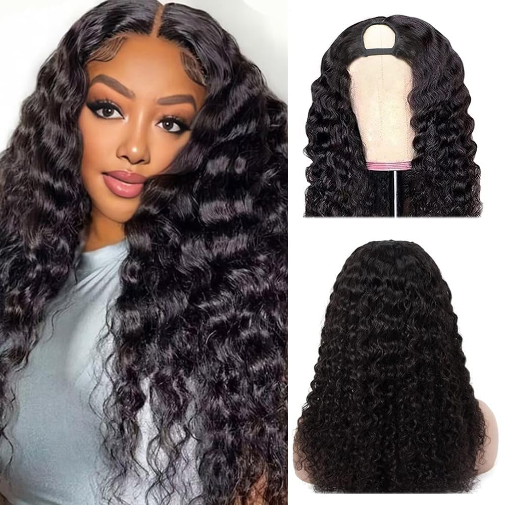 U Part Wigs Human Hair for Black Women - 250% Density Brazilian Deep Wave Clip-in Half Wig | Glueless V Part Wigs with Pre-Plucked Natural Hairline | 22 Inch Full Head Human Hair Wig for Daily Wear & Special Occasions