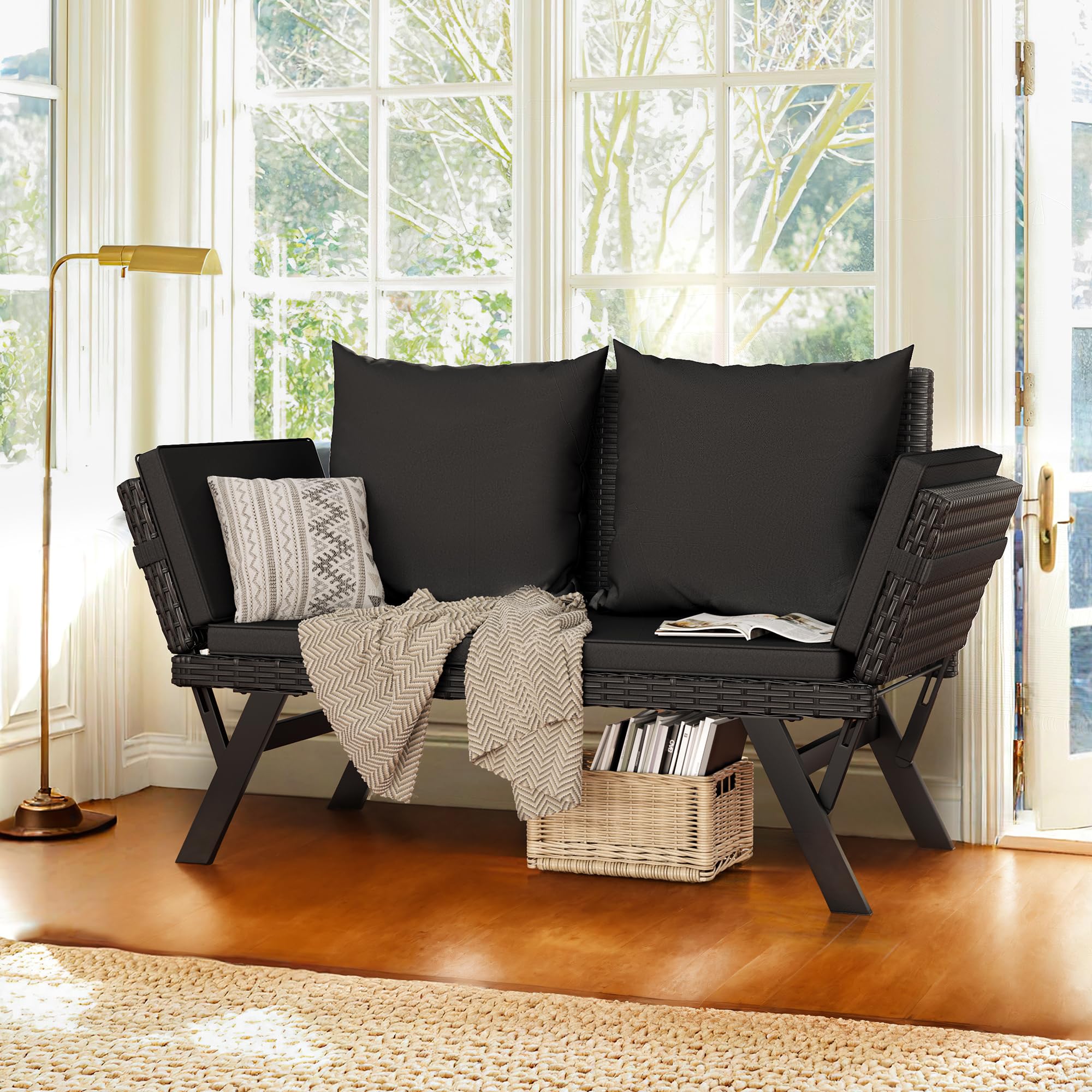 Flamaker Outdoor Convertible Sofa Bed - Adjustable Rattan Patio Lounge Chair with Removable Cushions & Pillows - Waterproof Wicker Sunbed for Porch, Poolside, Garden, Backyard (Black) - Perfect for Relaxing, Sunbathing and Outdoor Entertaining