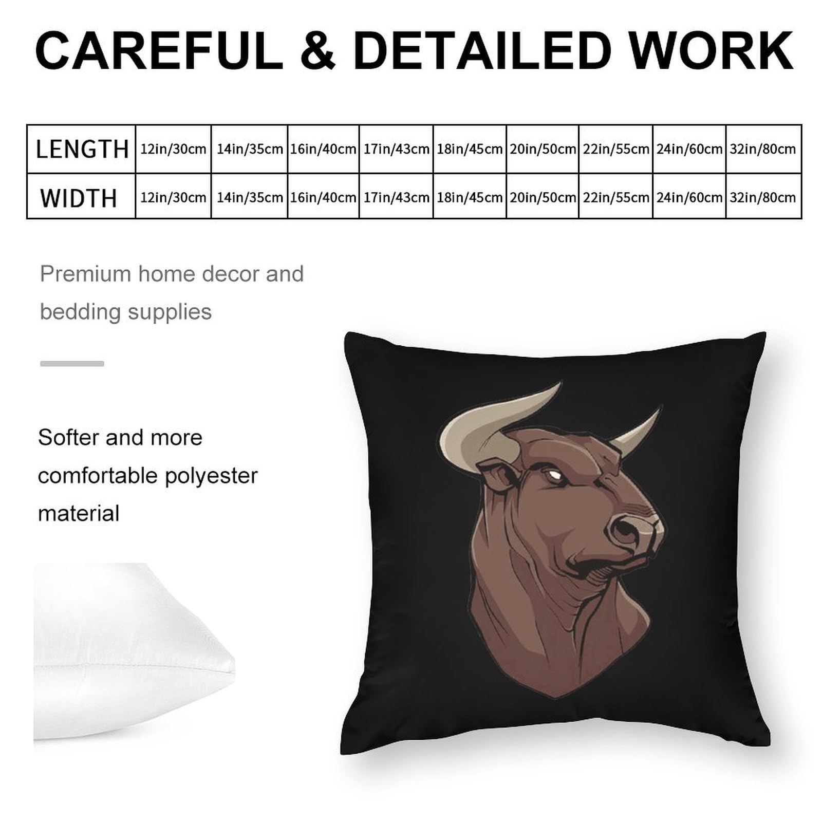 Premium Bull Head Polyester Pillow Cases - Soft & Smooth 16x16 Inch Cushion Covers for Sofa, Bed, or Couch - Elegant Home Decor for Living Room & Bedroom
