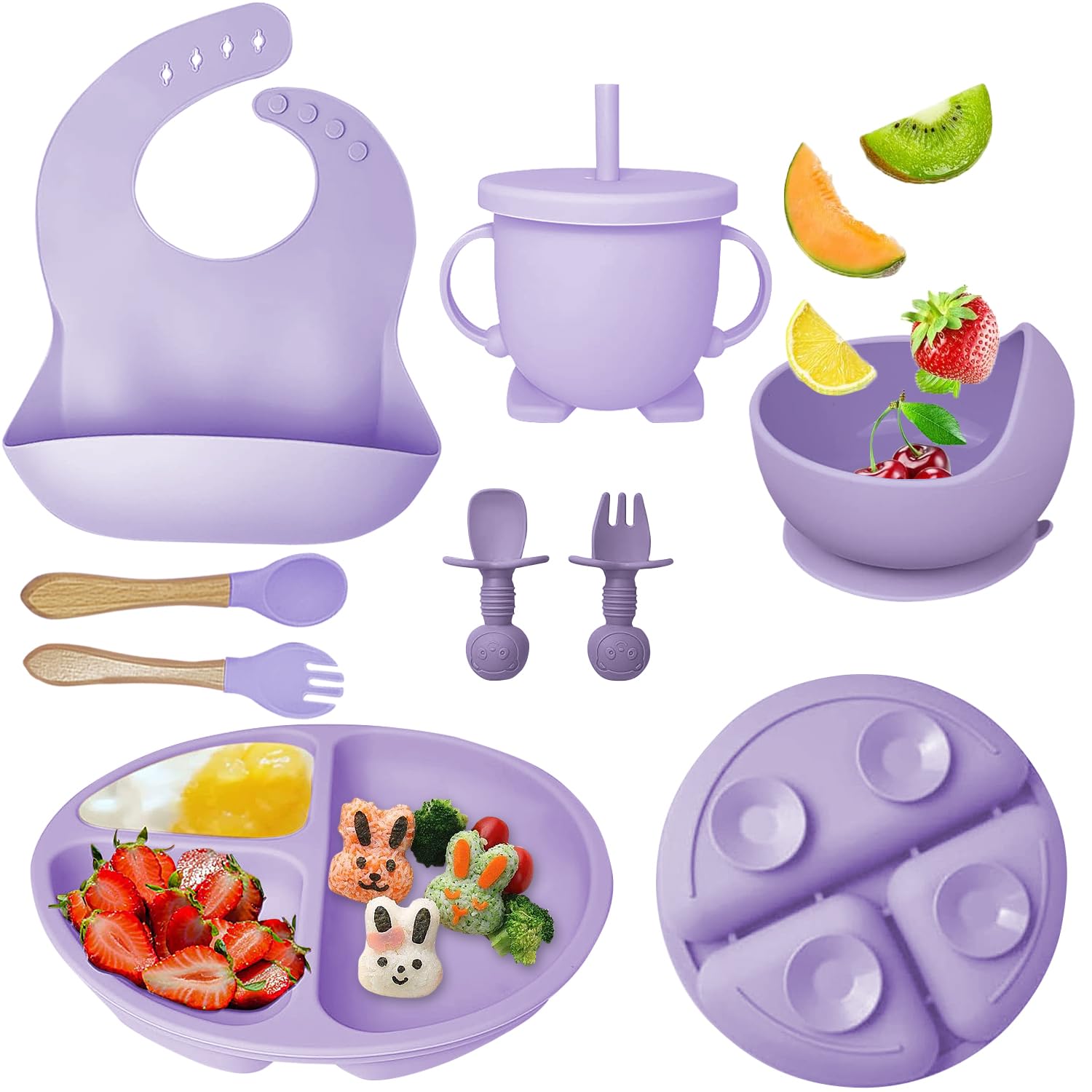 8-Piece Baby Feeding Set for Weaning | Includes Suction Bowl, Plate, Spoon, Fork, Sippy Cup with Straw & Lid | BPA-Free Infant Utensils | Perfect for Baby-Led Weaning & Toddler Mealtime - Purple