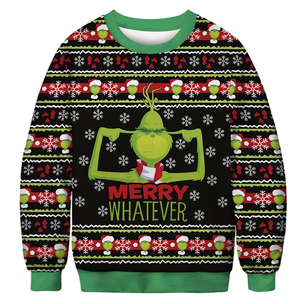 2024 Ugly Christmas Sweater - Green Monster Print Oversized Crewneck Pullover | Long Sleeve Holiday Sweatshirt for Women & Men | Perfect for Xmas Parties, Family Gatherings & Festive Photos
