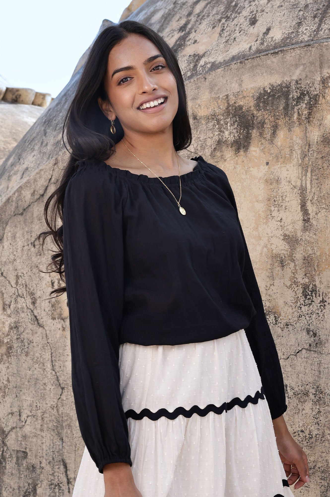 Ilana Long Sleeve Frill Gauze Top for Women - Soft Black Blouse with Ruffles | Perfect for Casual Outings, Date Nights & Office Wear