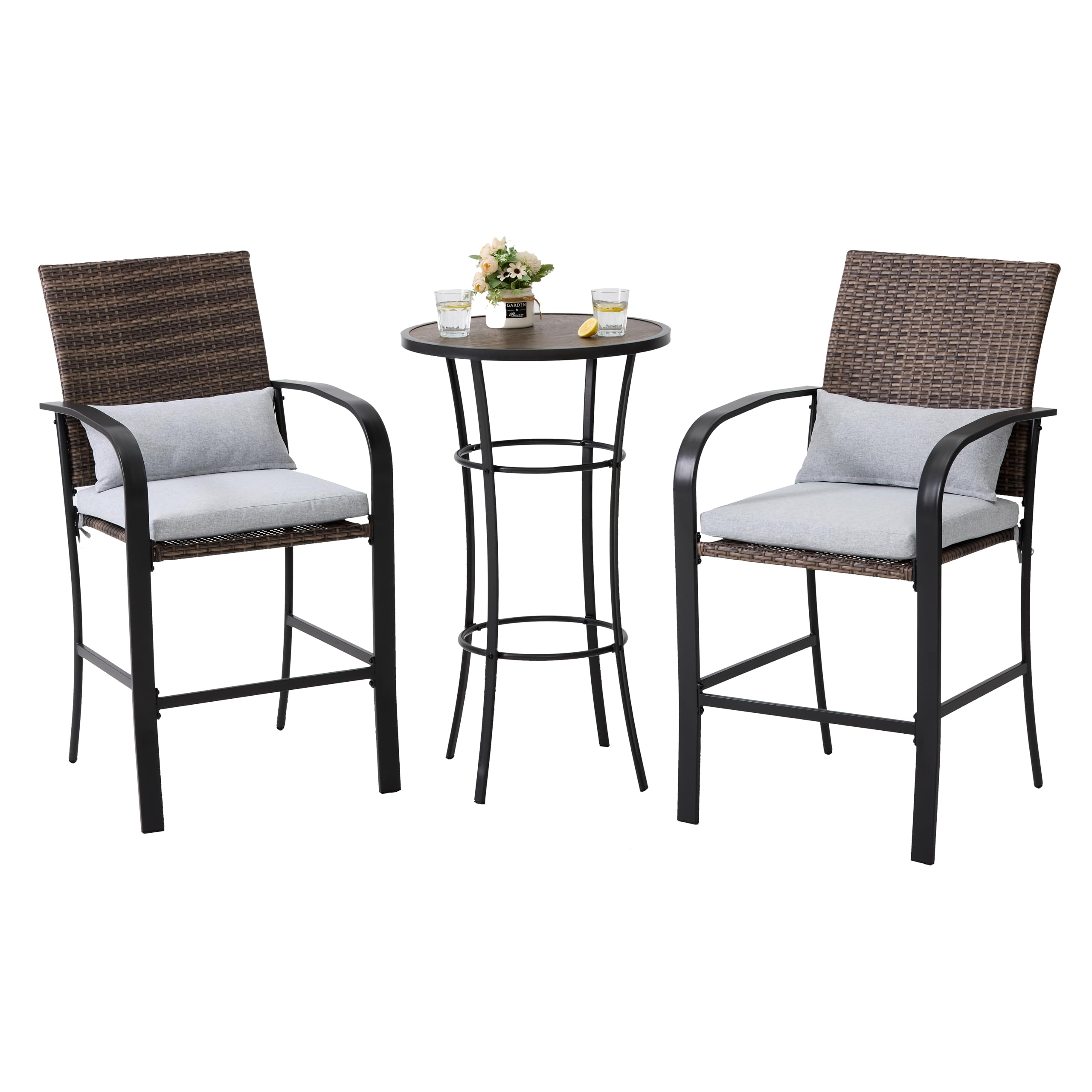 Outdoor Bar Table Set for 2 - Patio Bar Height Table & Chairs with Soft Cushions & Steel Frame in Khaki - Perfect for Backyard, Deck, Garden & Outdoor Entertaining