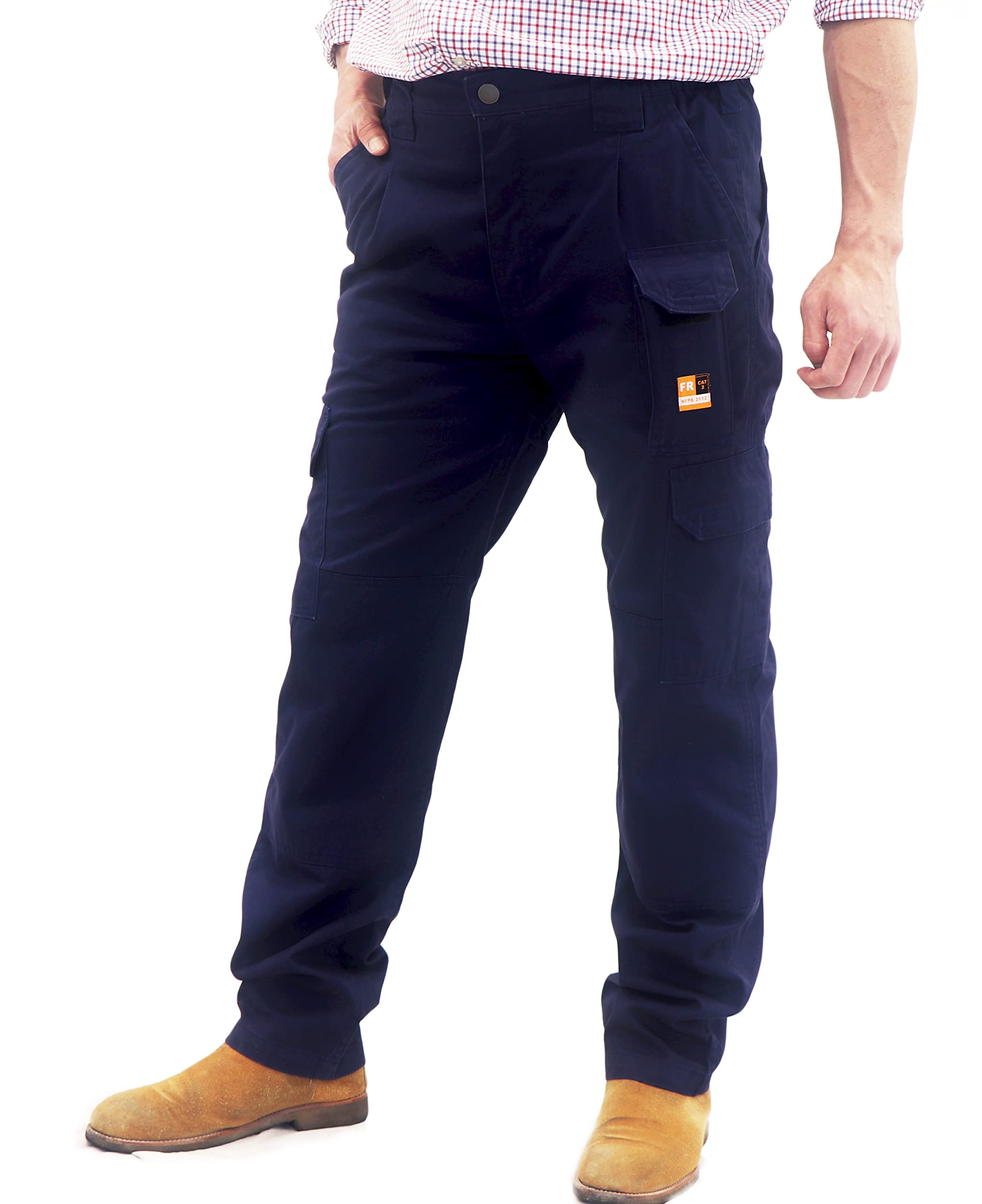 KONRECO FR Men's Cargo Pants with Multiple Pockets - 7.5oz 100% Cotton Flame Resistant Work Pants with Elastic Waist - Ideal for Construction, Welding & Industrial Safety Work