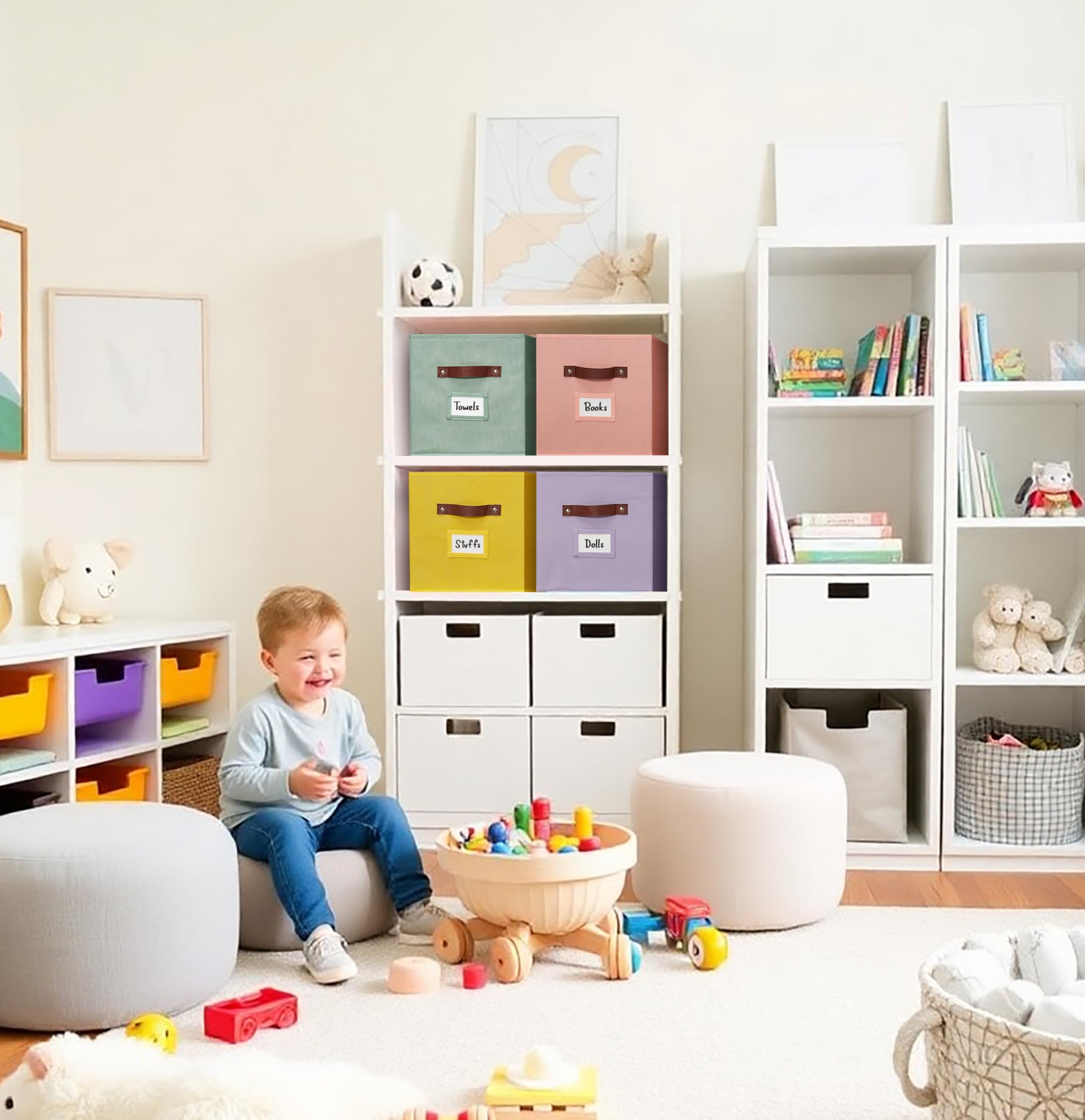 DECOMOMO 13x15x13 Inch Storage Baskets with Labels - 4 Pack Rainbow Cube Bins for Kallax Shelves, Closet & Toy Organization - Perfect for Home, Office & Kids Room Storage Solutions