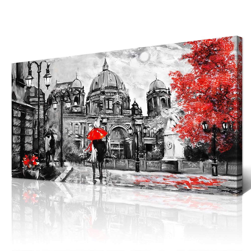 Black and White Watercolor Street Scene Canvas Wall Art - Modern Living Room, Bedroom & Office Decor - Romantic Lover Painting Print for Home Decoration | Perfect for Wall Decor, Housewarming Gifts & Interior Design