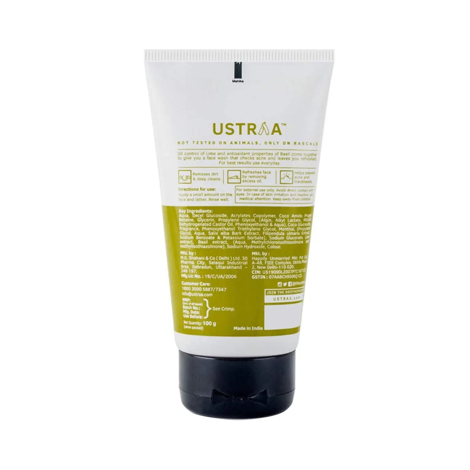 Ustraa Oil Control Face Wash for Oily Skin - 100g with Key Lime & Basil Extract | Deep Cleansing, Removes Excess Oil & Dirt | Sulfate & Paraben Free | Daily Skincare Routine for Men & Women