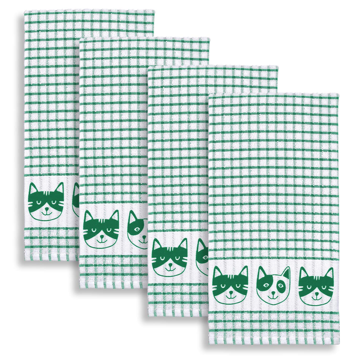 Premium Cat Faces Terrycloth Kitchen Towels - Super Absorbent & Soft, Set of 4 Green Checkered Dish Towels for Kitchen, Bathroom & Cleaning - Cute Cat Print Home Decor Gift
