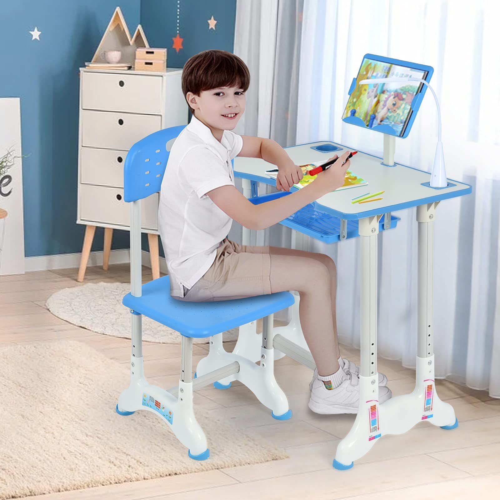 Adjustable Kids Study Desk and Chair Set with Bookstand, LED Light & Storage Drawer - Functional Children's Learning Table for Boys & Girls - Perfect for Homework, Reading & Art Activities