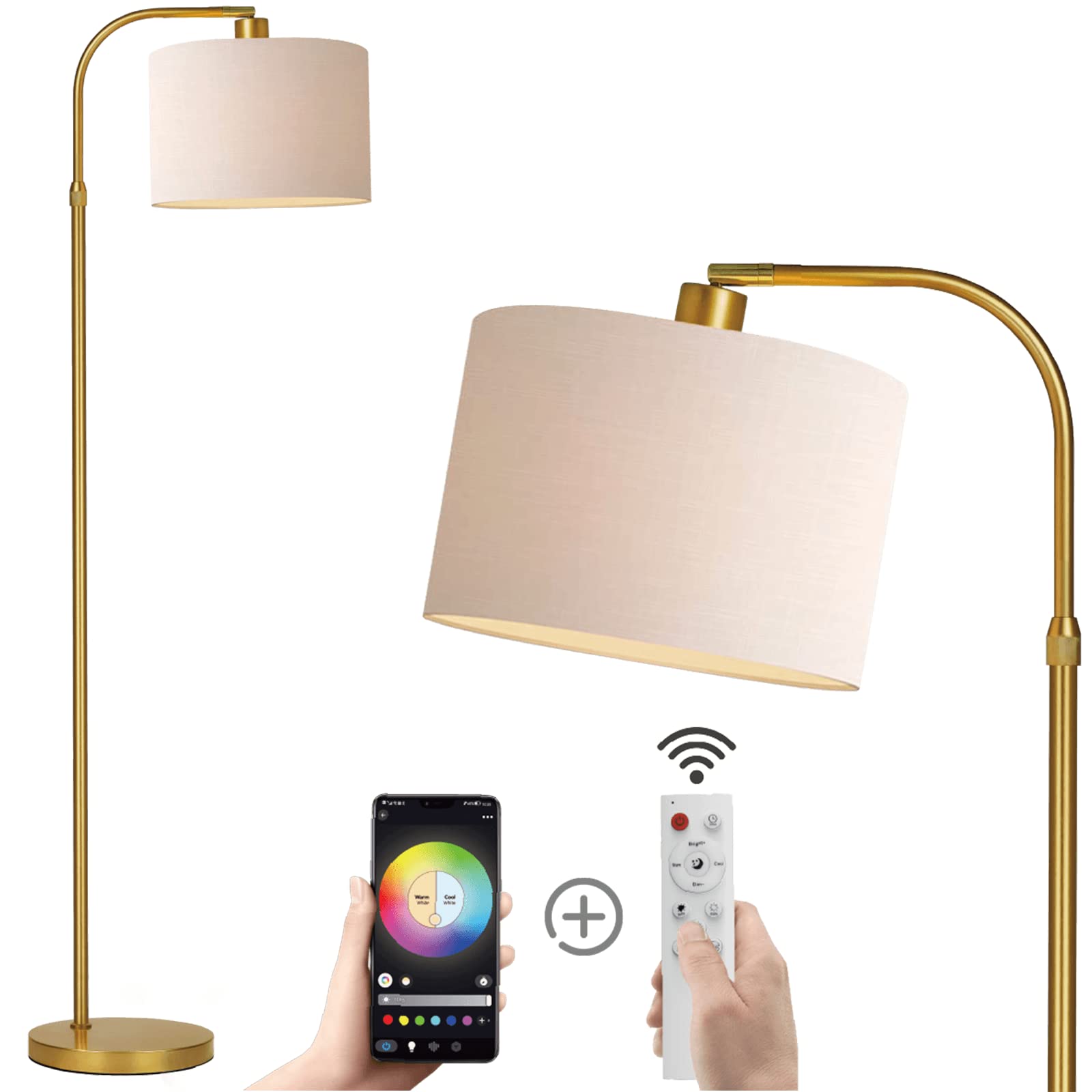 FINNCHY Modern Gold Arc Floor Lamp with Remote Control - Adjustable Height Standing Lamp for Living Room & Bedroom, Smart Dimmable LED Floor Light with 9W Bulb - Perfect for Reading Nook, Home Office, and Boho Decor
