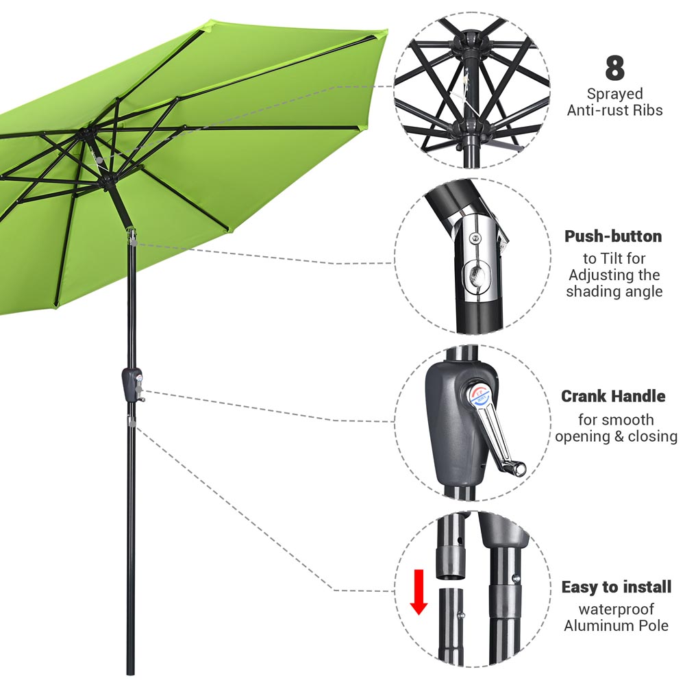 9 ft 8 Rib Patio Umbrella with Tilt & Crank - 220g Yarn Dyed Canopy & UV50+ Protection - Perfect for Outdoor Dining, Poolside Lounging, and Backyard Relaxation