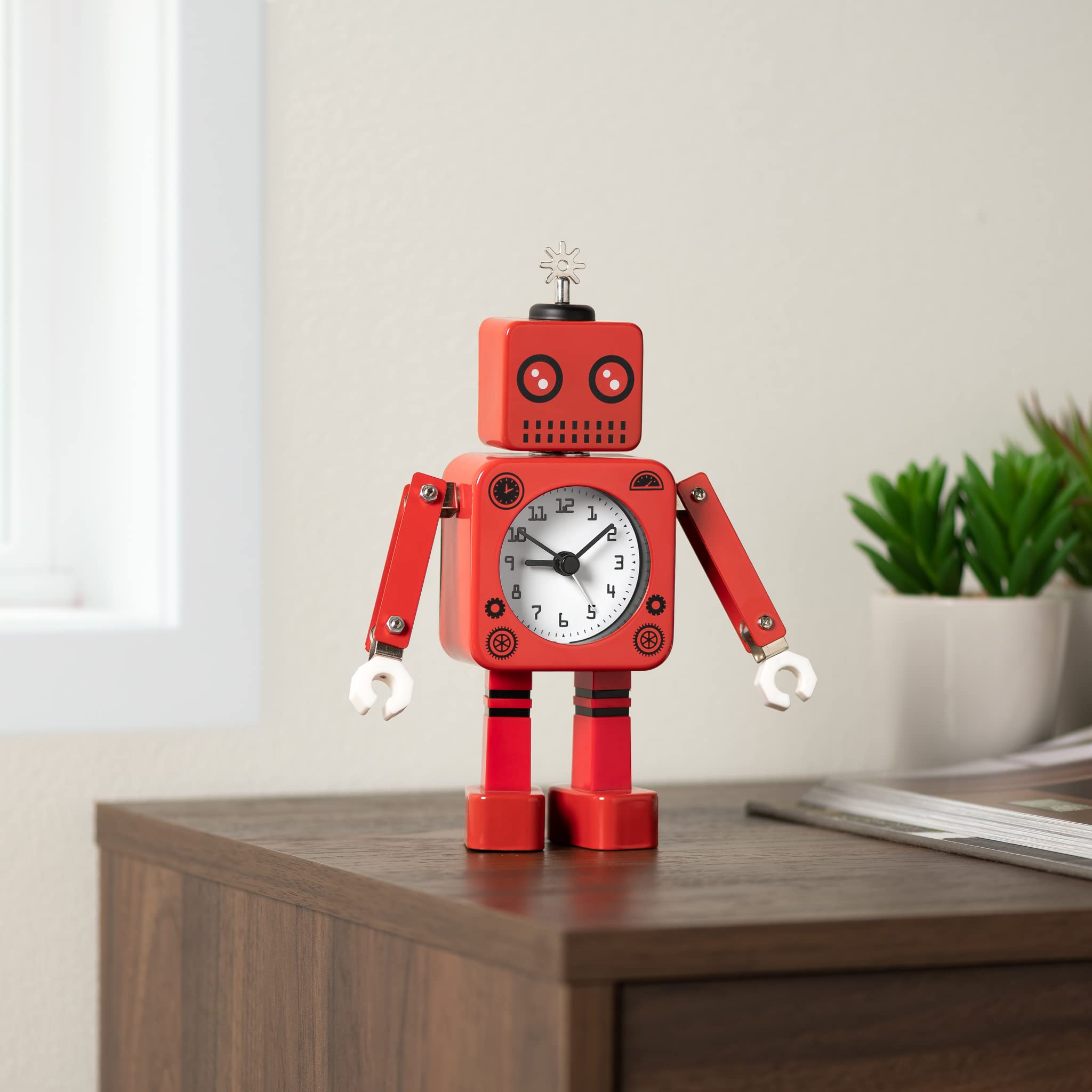 Torre & Tagus Futuristic Red Metal Robot Alarm Clock - Customizable Digital Timepiece for Bedroom, Office & Kids Room | Smart LED Display with Snooze Function