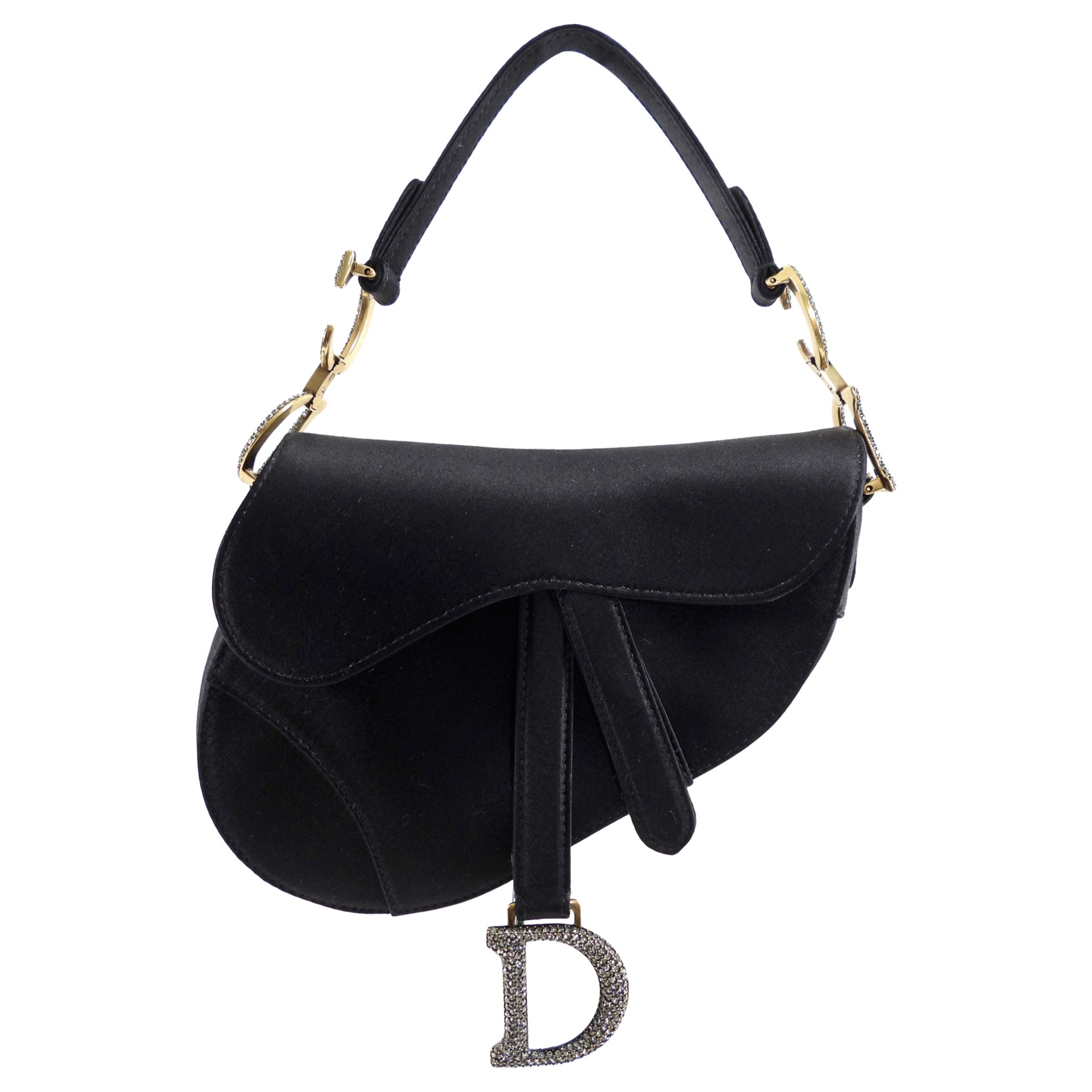 Christian Dior Black Satin Crystal Embellished Mini Saddle Bag - Luxury Crossbody Purse for Women, Perfect for Evening Parties & Special Occasions