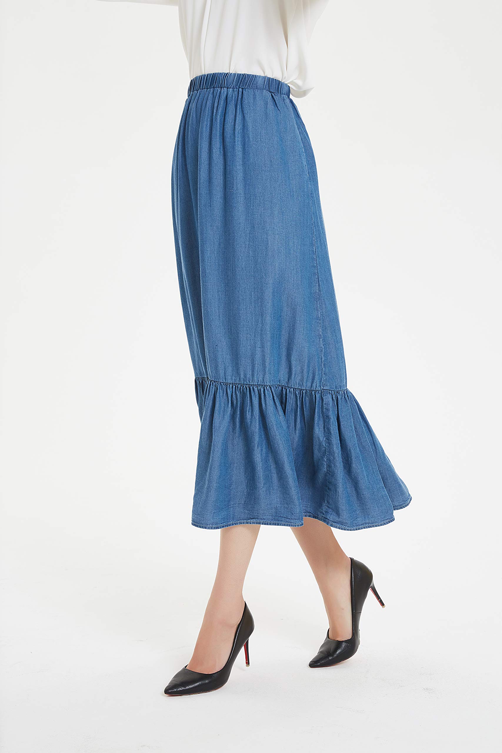 Tronjori Women's Tencel Denim Midi Skirt with Pleated Hem - Comfortable Stretch Long Skirt for Casual Wear, Office & Date Night Outfits