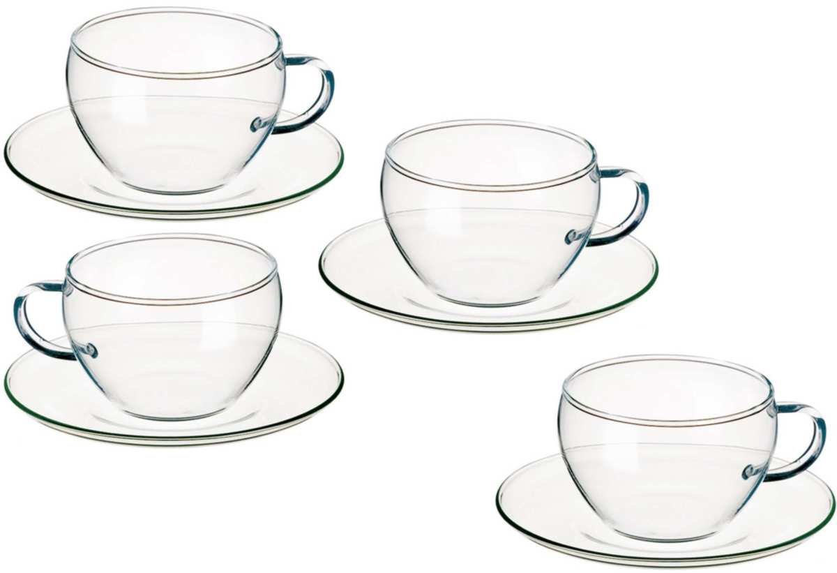Simax Glassware Eva Tea Cups with Saucer - 8.25-Oz Set of 4, Borosilicate Glass Coffee Cups for Hot & Cold Beverages - Perfect for Afternoon Tea, Coffee Break or Elegant Dessert Serving