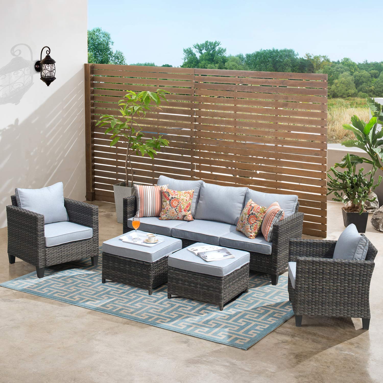 5-Piece Outdoor Patio Furniture Set - All-Weather Wicker Rattan Sofa with Chairs, Ottomans & Cushions - High Back Conversation Set for Garden, Backyard, Poolside (Grey) - Perfect for Relaxing & Entertaining Outdoors
