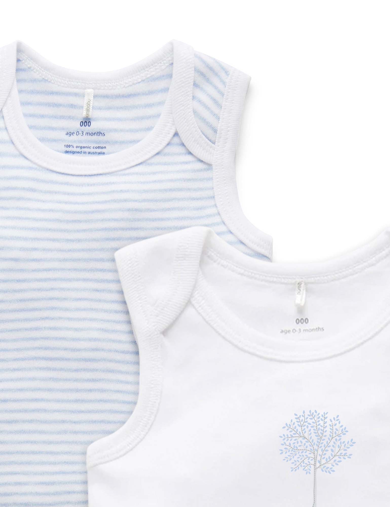 Purebaby Organic Cotton Baby Bodysuit 2-Pack - White & Pale Blue Striped Onesies for Newborns | Soft, Breathable Infant Rompers for Daycare & Playtime