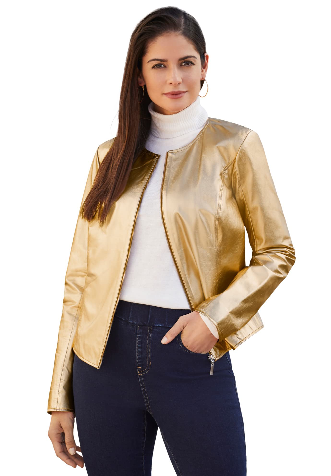 Jessica London Women's Plus Size Collarless Leather Jacket - Cropped Moto Style Biker Jacket for Women | Perfect for Casual Outings, Motorcycle Rides & Night Out