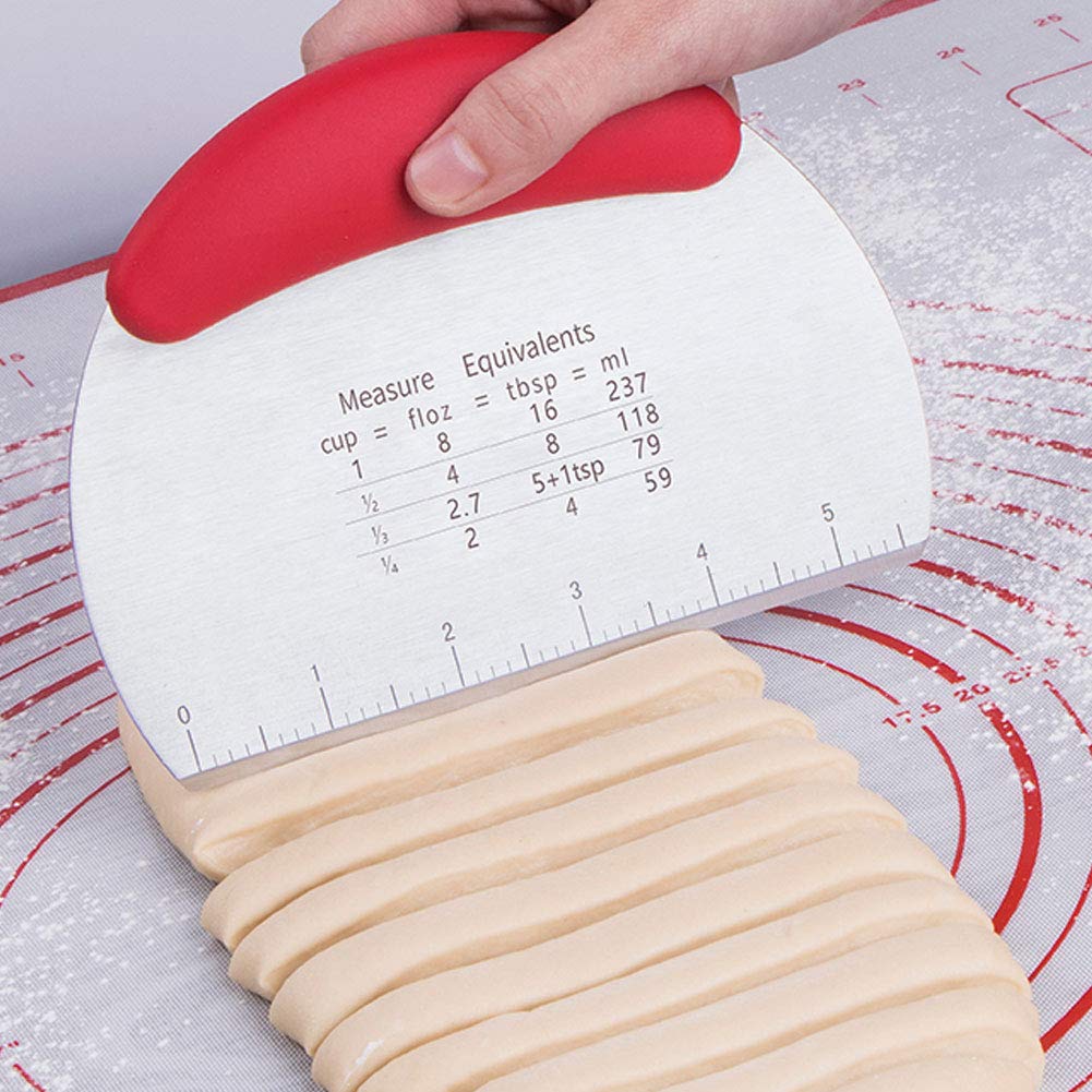 Stainless Steel Dough Scraper with Measurement Scale - 16x12cm Baking Tool for Pastry, Pizza, Cake & Butter - Perfect for Home Baking, Cooking & Kitchen Use (Red)