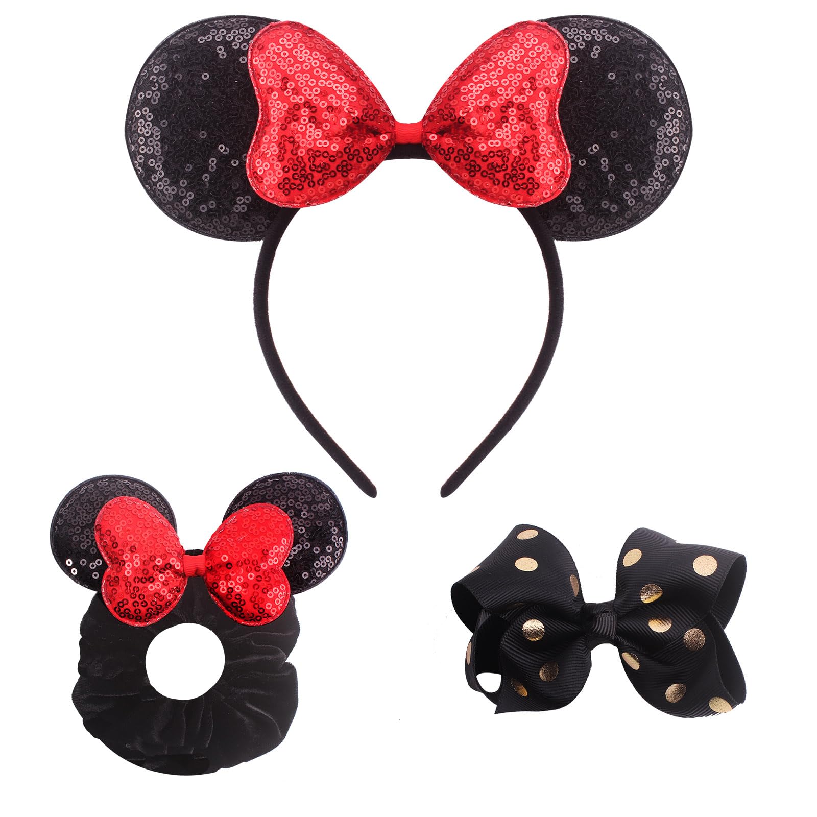 3PCS Glitter Mouse Ears Headband Set with Scrunchies & Bow Clips - Sparkly Disney Inspired Hair Accessories for Women & Girls (Red) | Perfect for Theme Parks, Costume Parties & Disneybounding Outfits