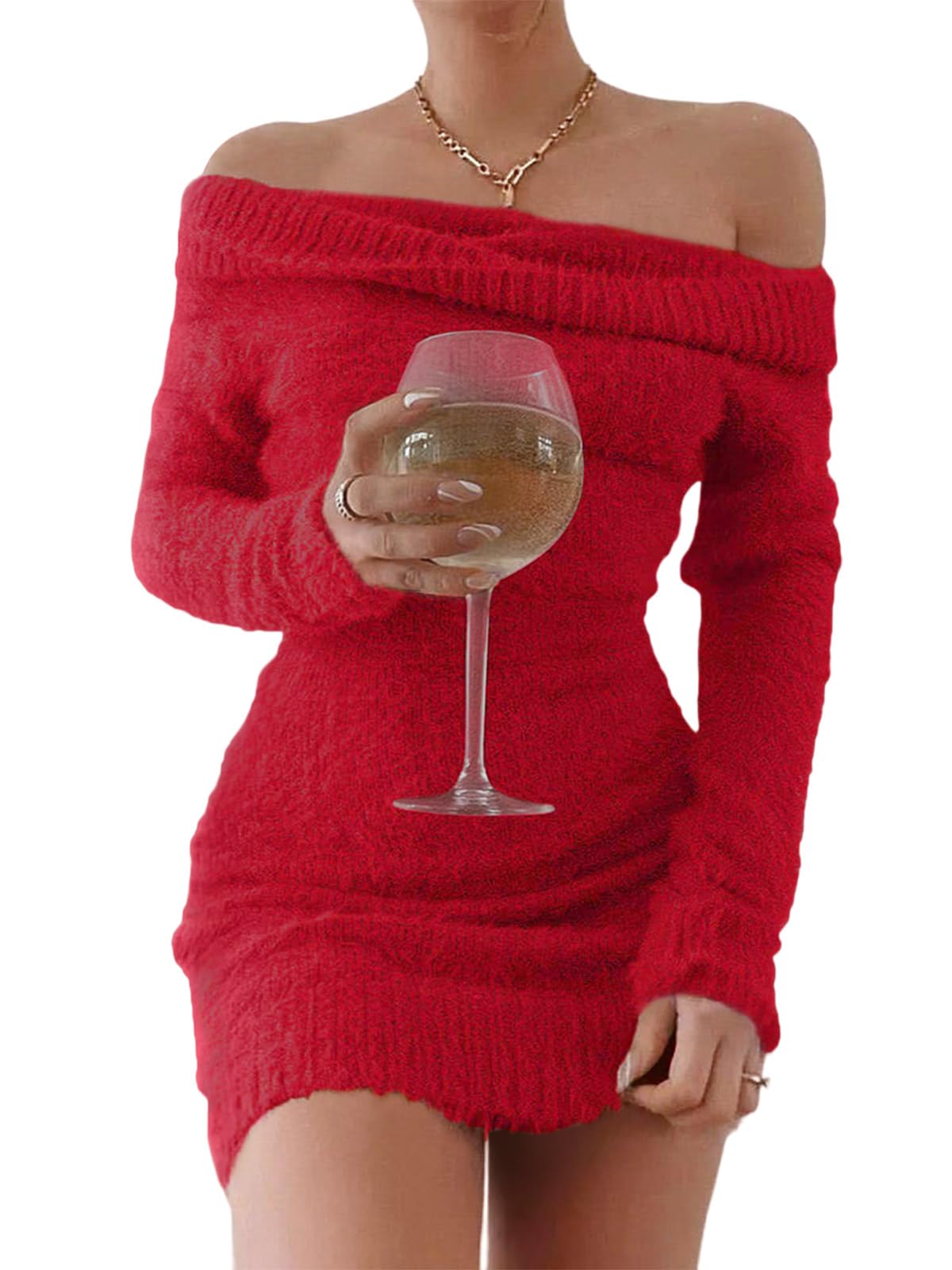 FAIRY SEASON Women's 2025 Off Shoulder Ribbed Knit Dress - Long Sleeve Bodycon Mini Sweater Dress for Party, Date Night & Casual Outfits