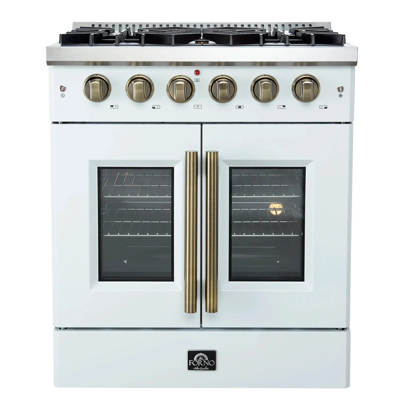 Forno Galiano 30-Inch Freestanding All Gas Range with French Doors - White Finish & Antique Brass Trim (Model FFSGS6444 30WHT) | Perfect for Modern Kitchens, Home Chefs & Gourmet Cooking