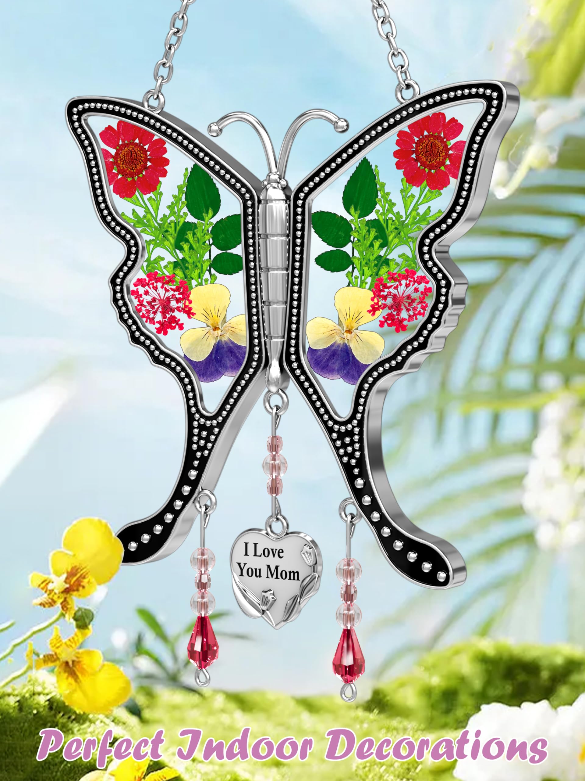 KY&BOSAM Real Flower Pressed Butterfly Suncatcher - Stained Glass with Silver Heart Charm, Unique Mother's Day Gift, Birthday Present for Mom, Valentine's Day Keepsake | Window Decor, Home Garden Ornament, Thoughtful Gift for Wife & Grandma