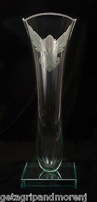 12.5 Inch Hand-Cut Etched Glass Vase - Signed Artisan Piece for Home Decor, Wedding Centerpiece & Gift
