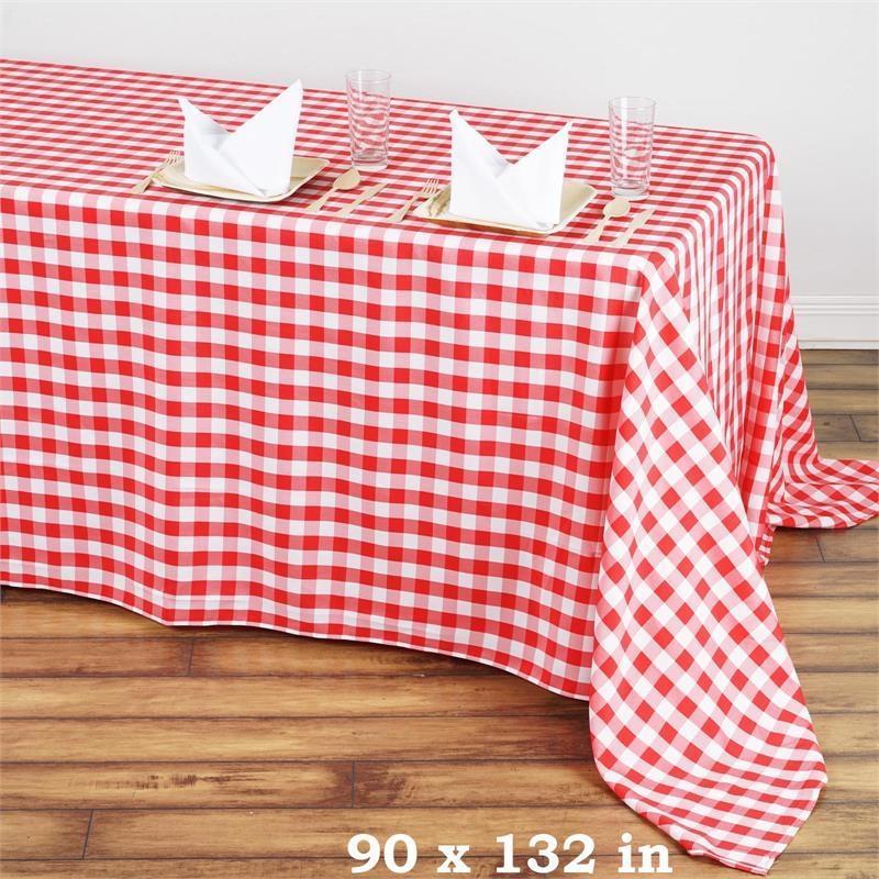 90x132 Inch Red and White Checkered Gingham Polyester Tablecloth - Waterproof & Wrinkle-Resistant for Picnics, Parties, and Outdoor Dining