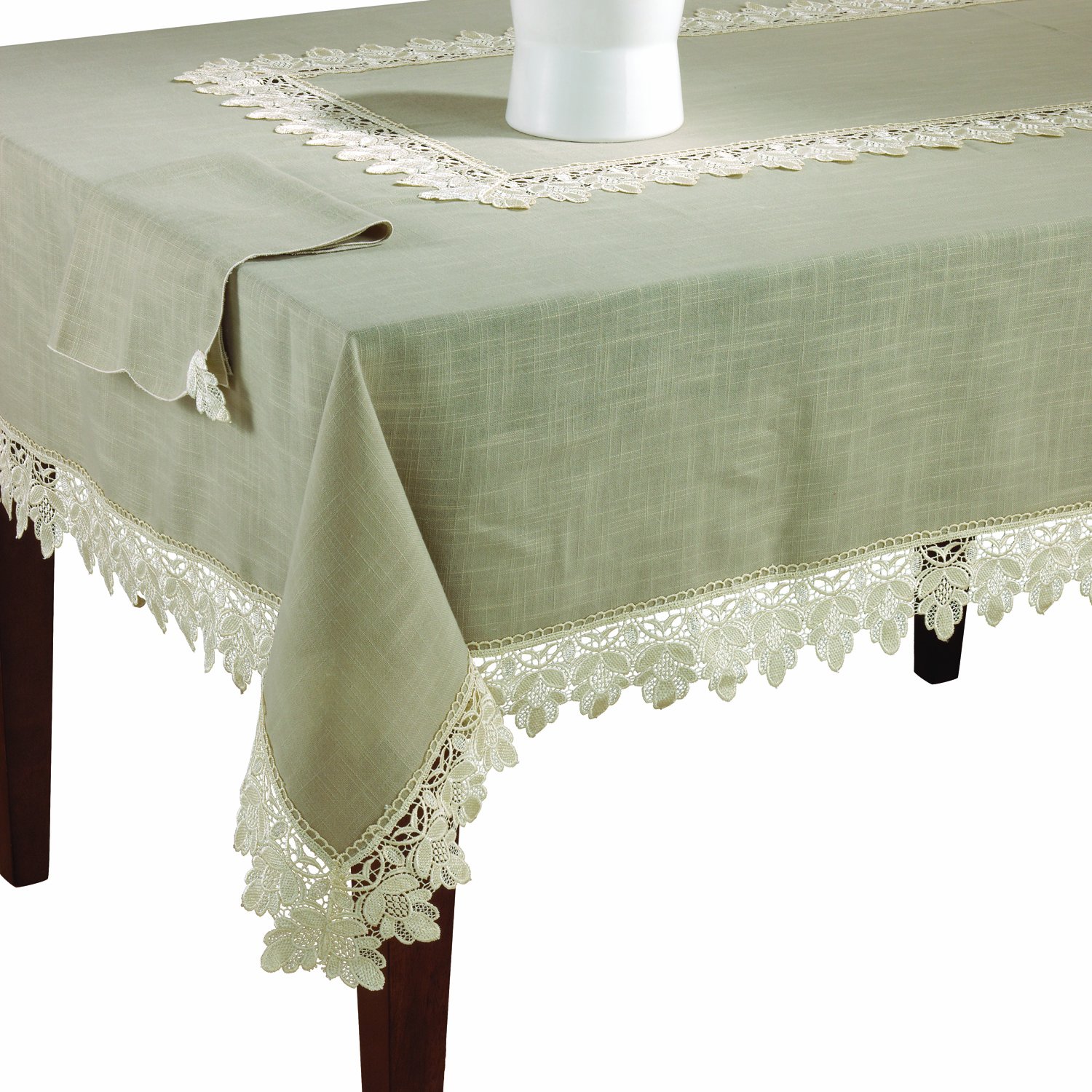 Fennco Styles Venetto Lace Trimmed Elegant Tablecloth 65 x 160 Inch - Taupe Table Cover for Home Décor, Banquets, Wedding, Family Gathering | Perfect for Dining Room, Party Decorations & Special Occasions