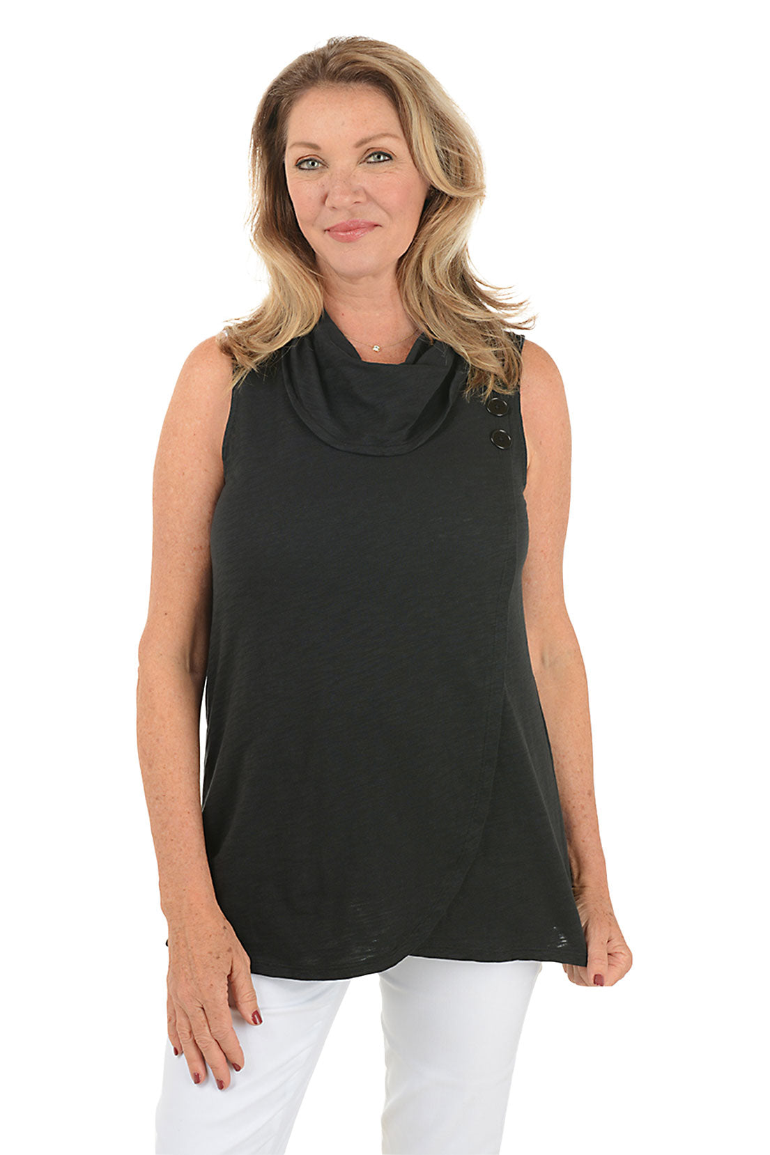 Women's Stylish Triple Button Cowl Neck Sleeveless Blouse - Casual Summer Tops for Work, Date Night & Vacation Outfits