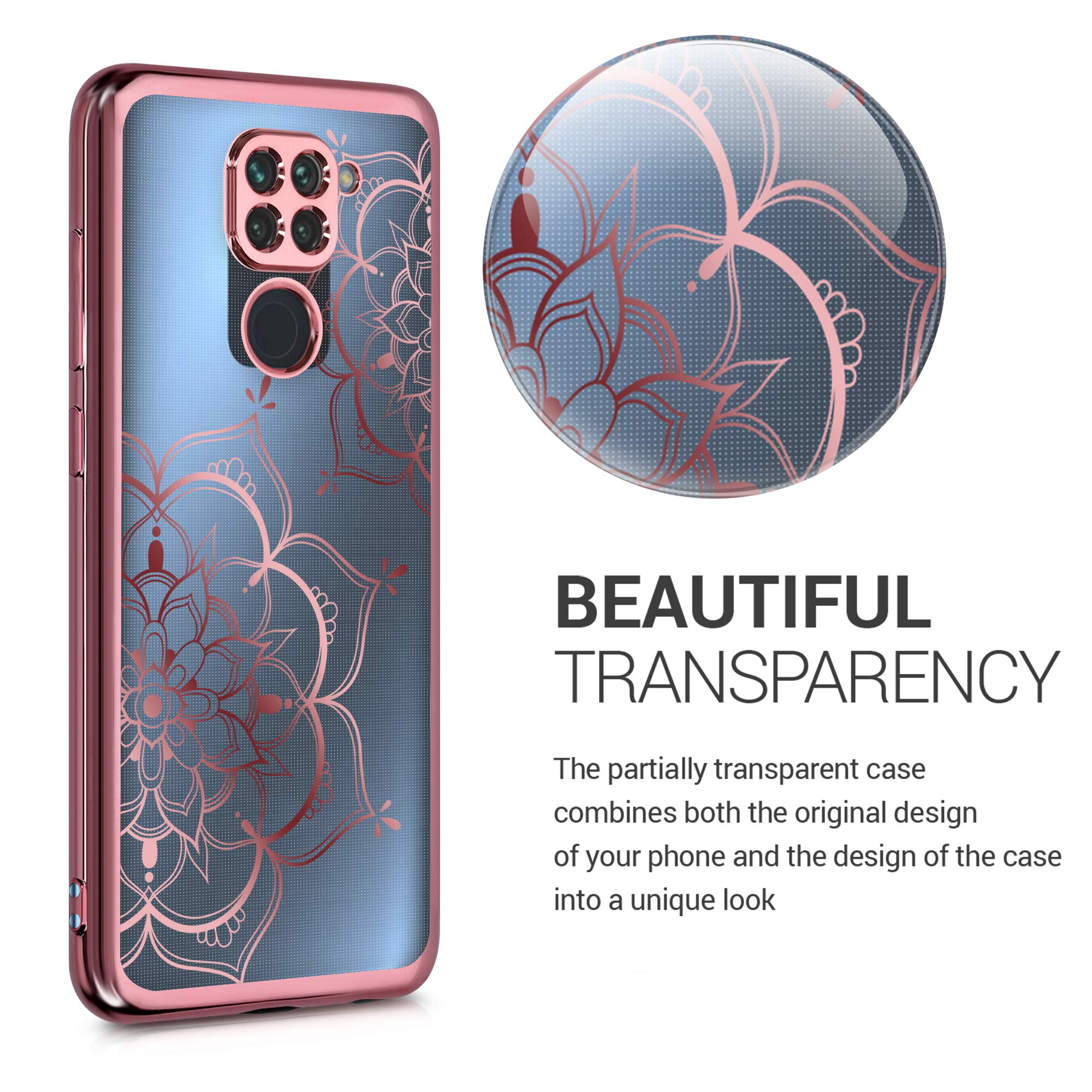 kwmobile Crystal Clear TPU Case for Xiaomi Redmi Note 9 - Soft Flexible Transparent Silicone Phone Cover with Rose Gold Flower Design - Perfect for Everyday Protection & Style Enhancement
