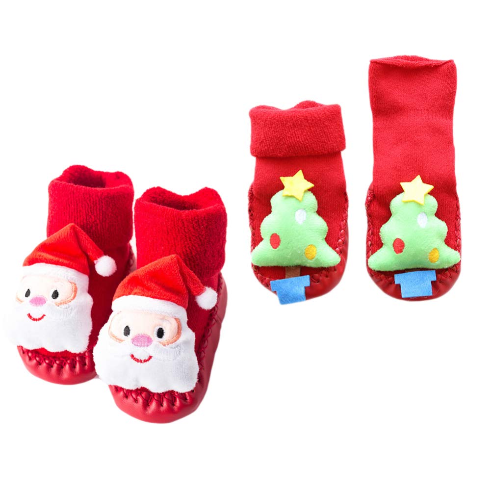 SOIMISS 2 Pairs Christmas Kids Socks - Anti-Slip Warm Winter Thermal Cotton Crew Socks for Boys & Girls - Non-Skid Thickened Baby Socks for Holiday Gifts & Indoor Play