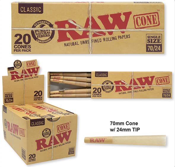 RAW Classic 70mm/24mm Rolling Paper Cones - 20 Pack (12 Displays) | Pre-Rolled Cones for Easy Rolling | Perfect for Herbal Blends, Tobacco & CBD Use at Home or On-the-Go