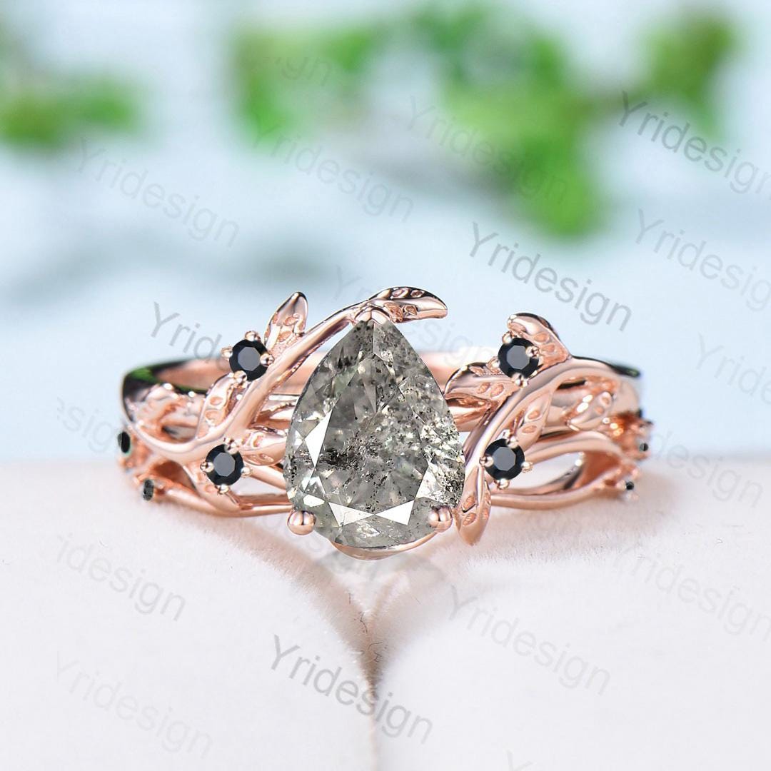 Elegant Black Gold Salt & Pepper Diamond Engagement Ring – Natural Inspired Pear Shaped Twig Vine Design with Unique Leaf Vine Bridal Set | Perfect for Vintage Weddings, Nature-Themed Proposals & Boho Bridal Jewelry