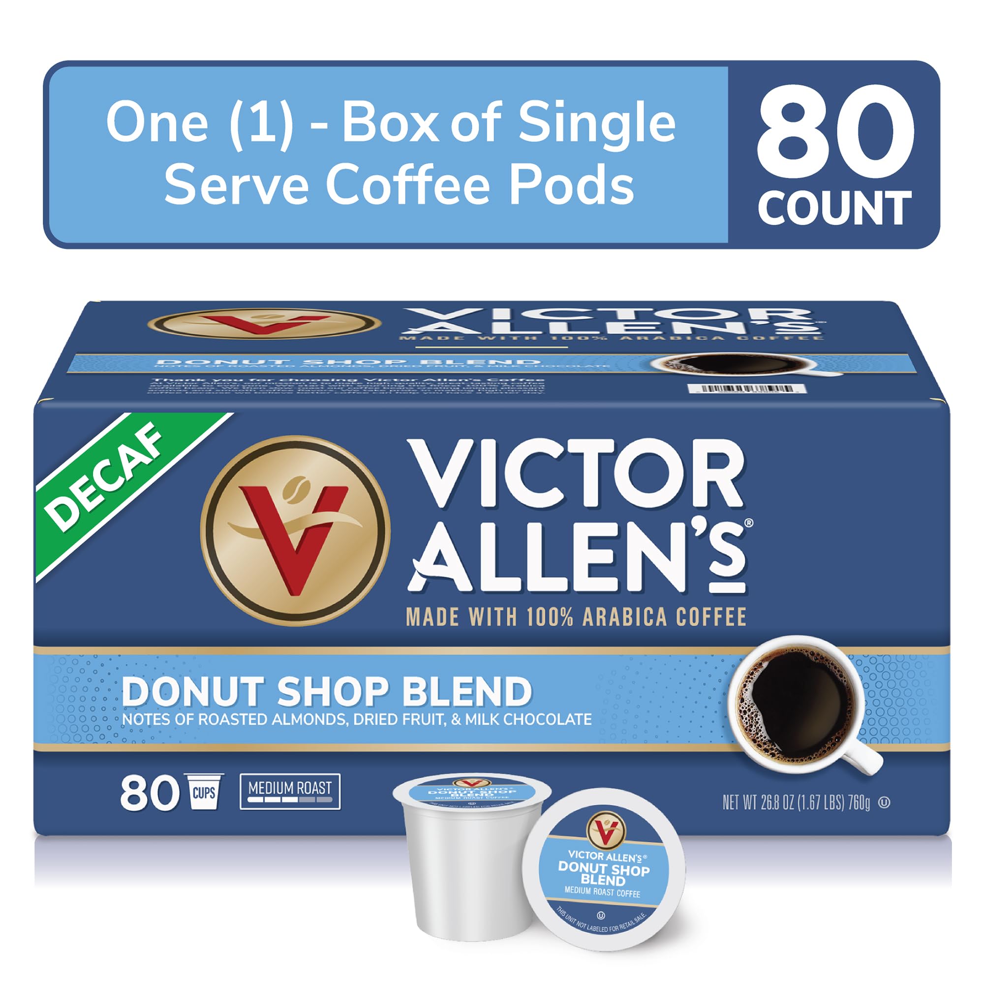 Victor Allen's Decaf Donut Shop Blend Medium Roast Coffee Pods - 80 Count K-Cups for Keurig Brewers | Perfect for Office, Home & Entertaining | Smooth Decaffeinated Coffee for Any Time of Day