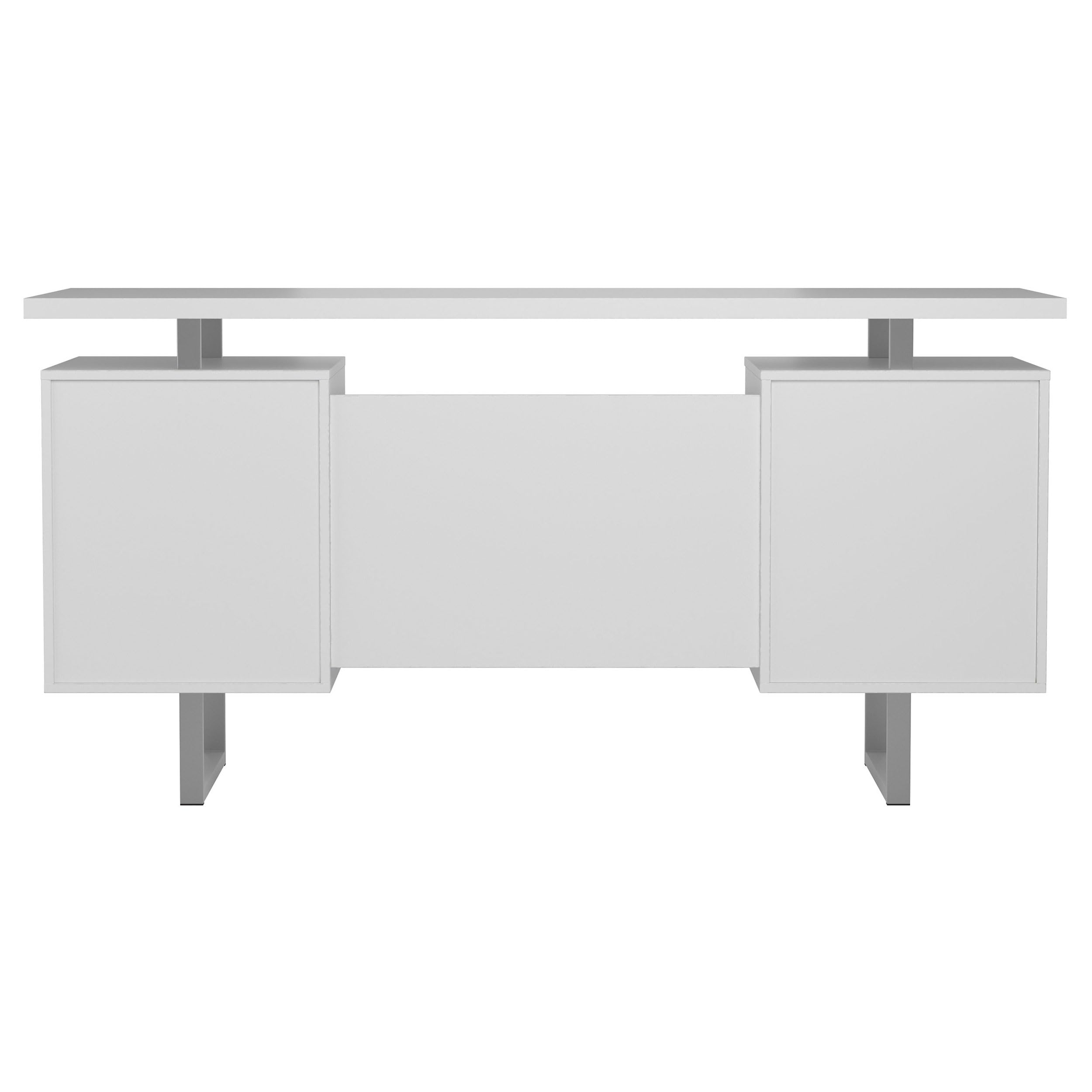 Modern Contemporary 2-Drawer Home Office Writing Desk with Storage File Cabinet - Silver Metal Frame & White High Gloss Finish - Perfect for Small Spaces, Home Offices, and Workspaces (Model 803521)