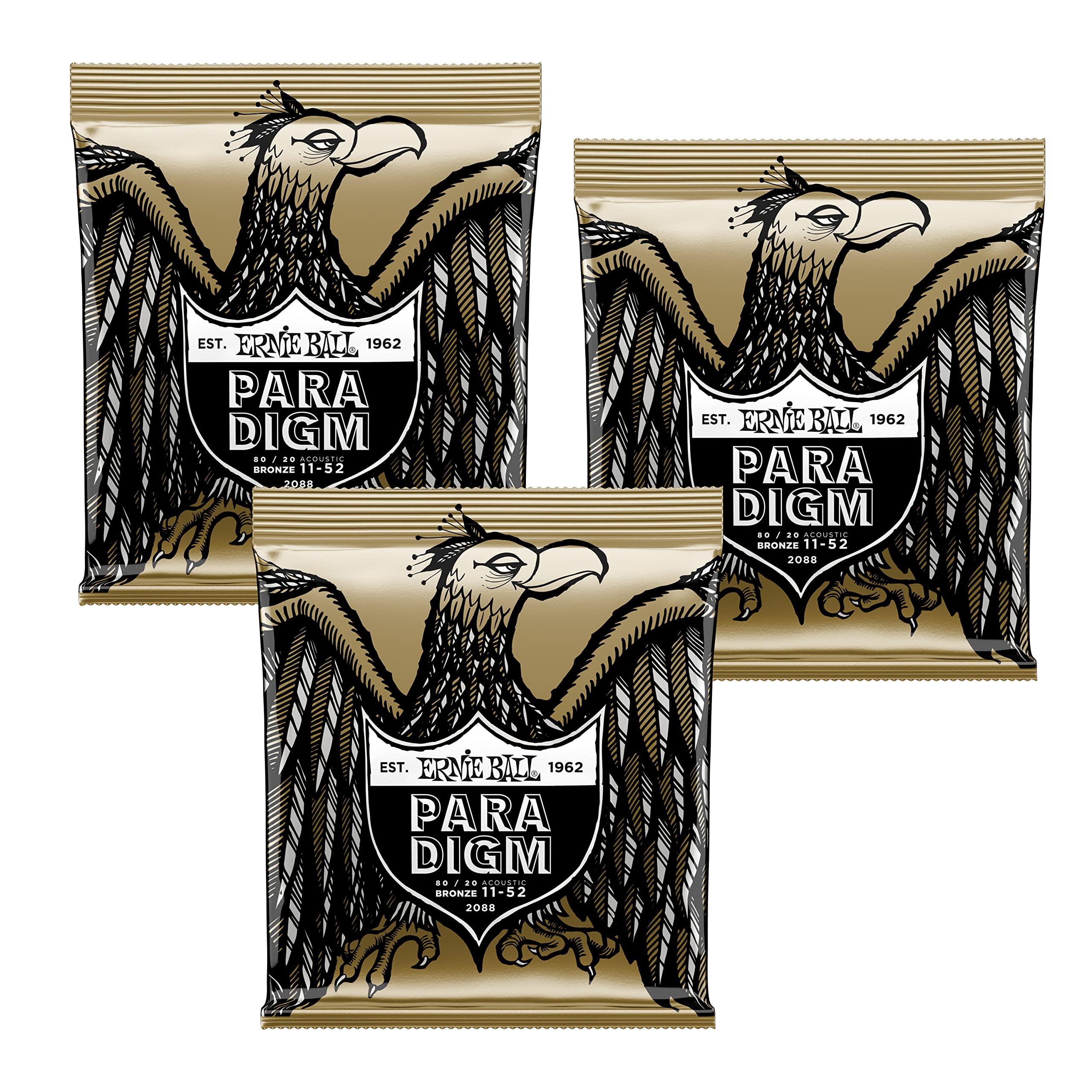 3 Pack Ernie Ball 2088 Paradigm 80/20 Bronze Acoustic Guitar Strings Light 11-52 - Durable & Bright Tone for Folk, Blues & Country Music
