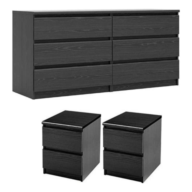 Home Square 3-Piece Black Woodgrain Bedroom Set - 6-Drawer Double Dresser & Two 2-Drawer Nightstands | Complete Bedroom Furniture for Master Bedroom, Guest Room & Small Spaces