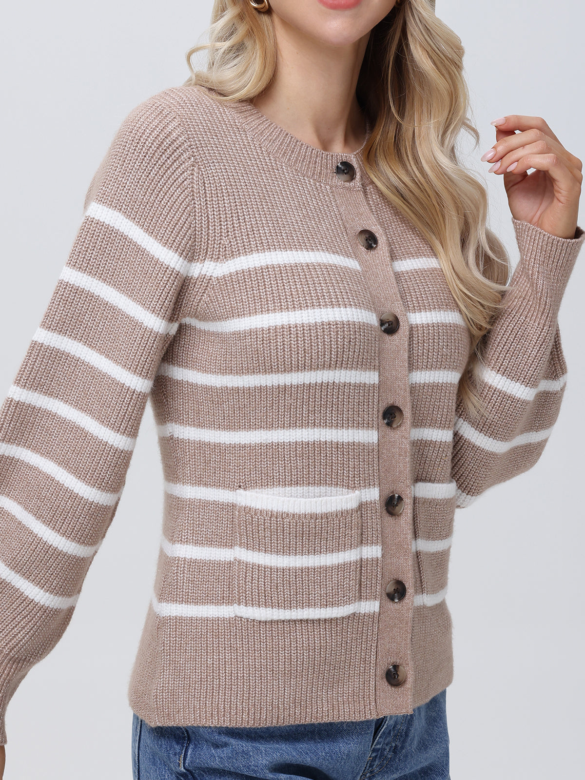 Josie: Women's Striped Crewneck Cardigan Sweater - Cozy Knit Pullover for Casual Outfits & Layering in Fall & Winter
