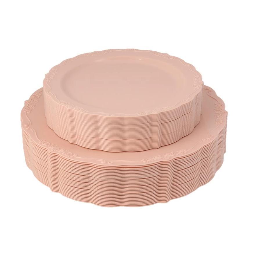 60-Piece Pink Round Plastic Dinnerware Set - Vintage Style Disposable Plates, Cups & Cutlery for Parties, Picnics & Outdoor Events