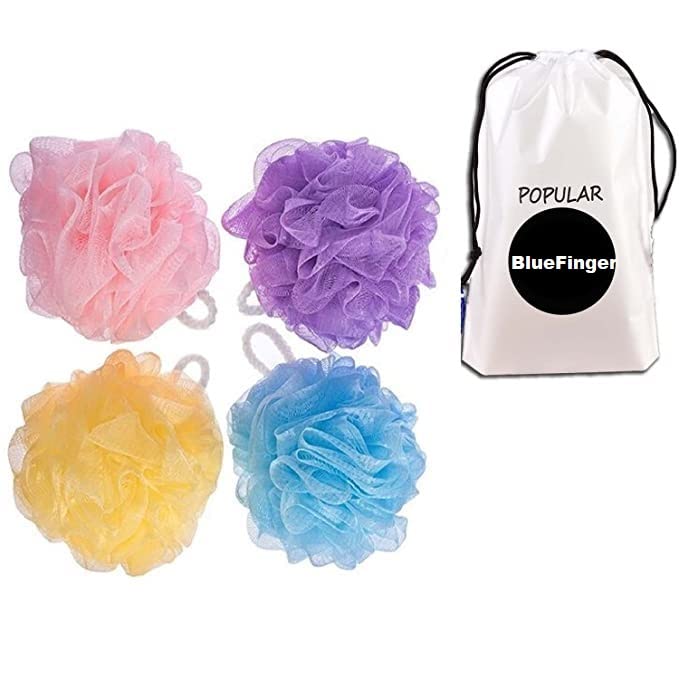 BlueFinger Bath Pouf Mesh Loofah Sponge - Soft Exfoliating Shower Pouf for Gentle Skin Cleansing, 4-Pack - Perfect for Daily Shower, Spa & Body Wash Routine