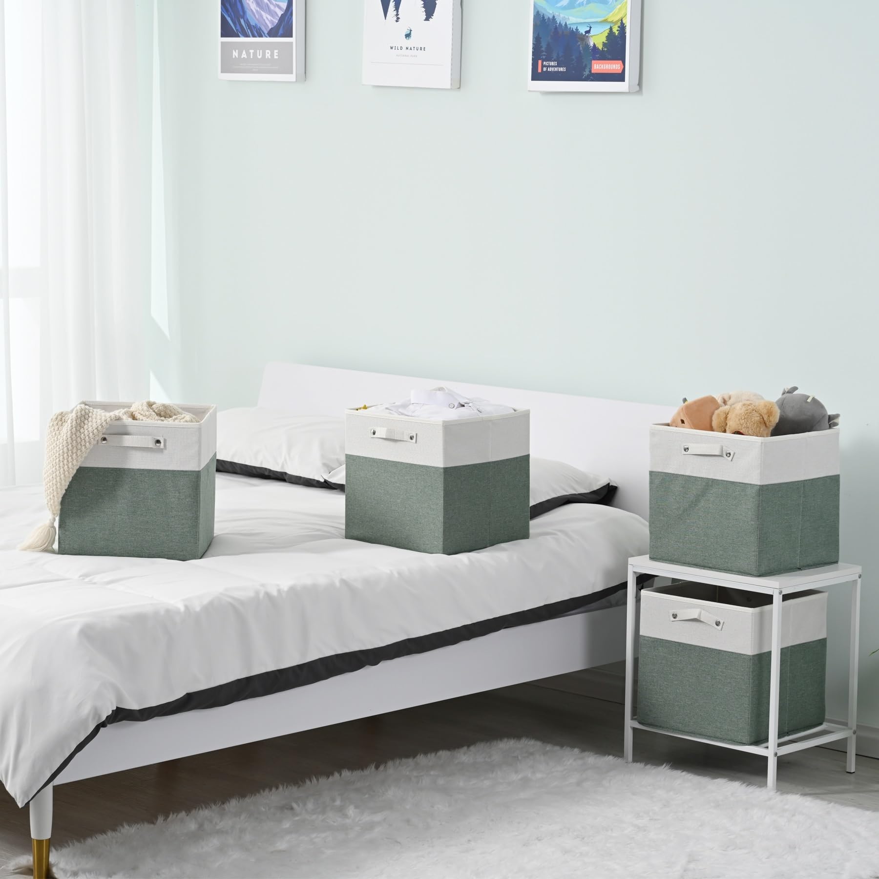 13 x 13 Inch Premium Linen Storage Bins with Handles - 4 Pack Fabric Cube Box Organizers | Collapsible Closet & Shelf Baskets for Home Organization (White/Green) | Perfect for Bedroom, Nursery & Office Storage Solutions