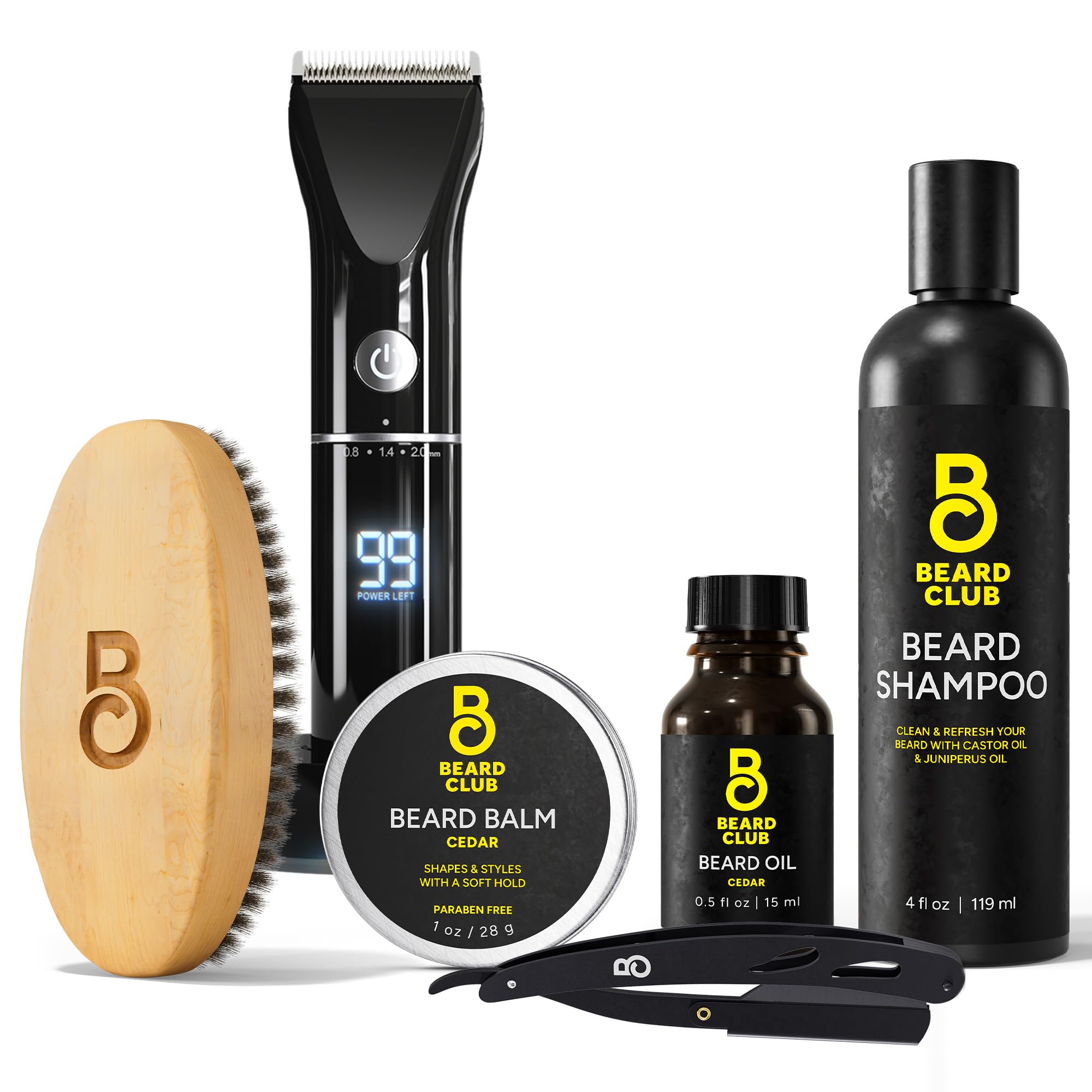 The Beard Club Grooming Bundle for Men - Cordless Electric Beard Trimmer with 8 Guides & 45 Lengths, Straight Edge Razor, Beard Shampoo, Cedar Balm & Oil, Beard Brush - Complete Beard Care Kit for Daily Grooming & Styling at Home or Travel