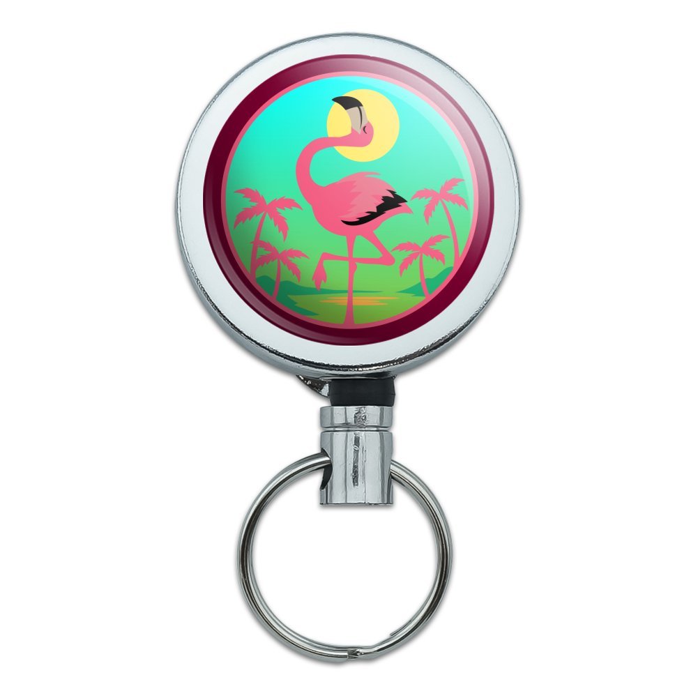 Flamingo Palm Trees Tropical Vacation Heavy Duty Metal Retractable ID Badge Holder - Key Card Reel with Belt Clip for Nurses, Teachers & Office Professionals