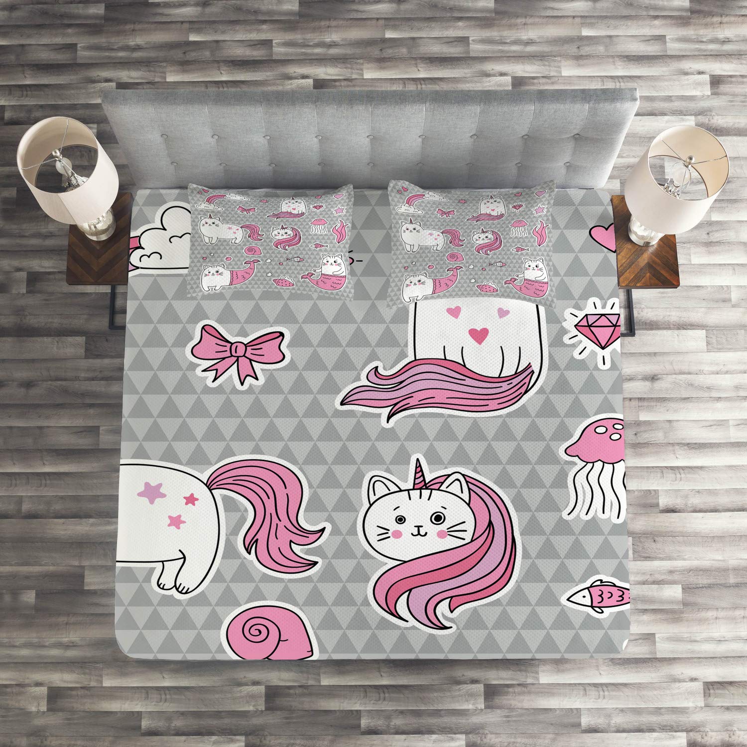 Ambesonne Unicorn Cat 3-Piece Quilted Bedspread Set with 2 Pillow Shams - King Size Grey Pale Pink White - Underwater Fantasy Theme with Cats, Unicorns & Mermaids - Perfect for Kids' Bedrooms, Guest Rooms & Themed Decor