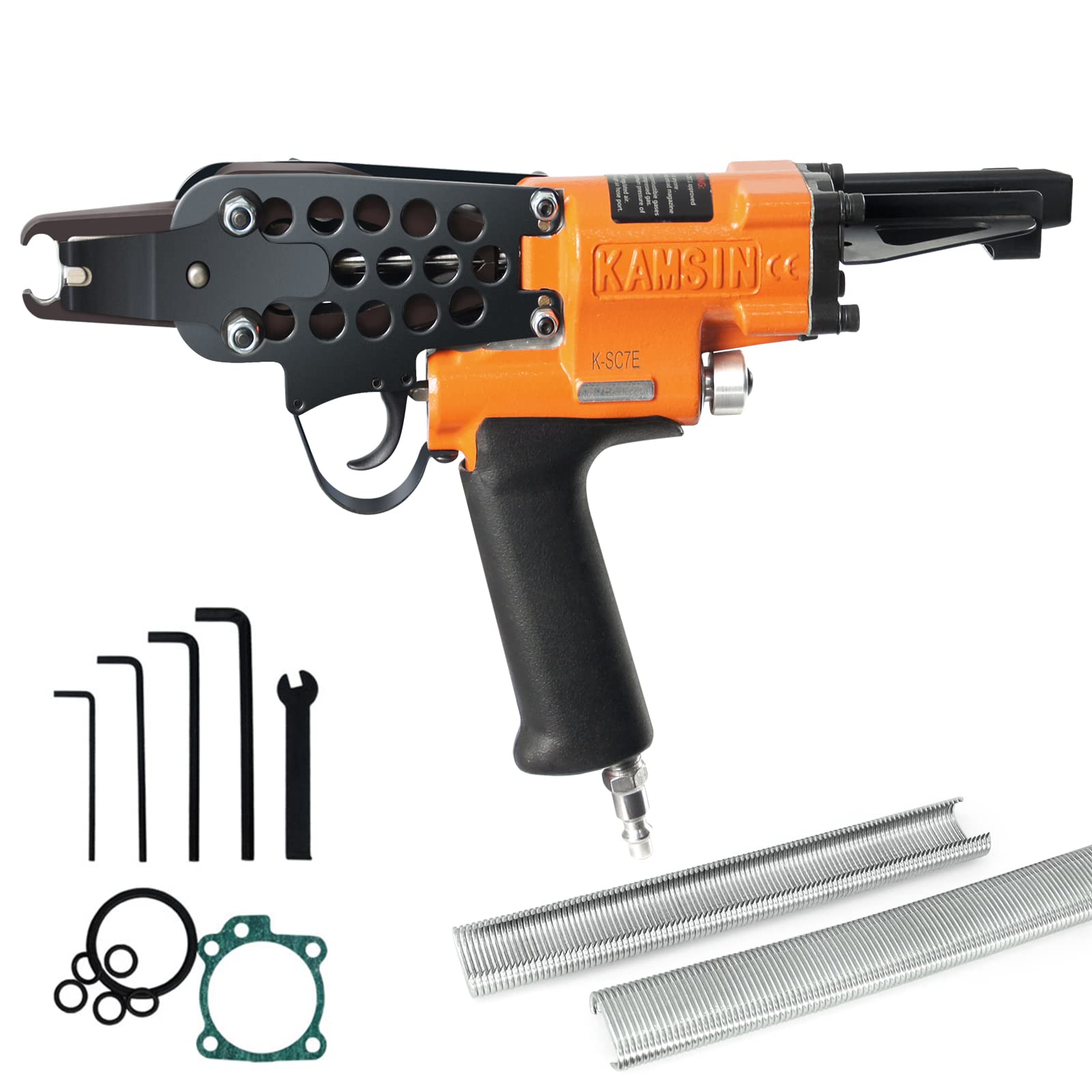 K-SC7E 15 Gauge Pneumatic Hog Ring Gun with Long Nose - 3/4-inch Crown & 7.0mm Closure Diameter Hog Ring Staples - Heavy Duty Air C Ring Gun for Cage Building, Fencing, and Upholstery Projects