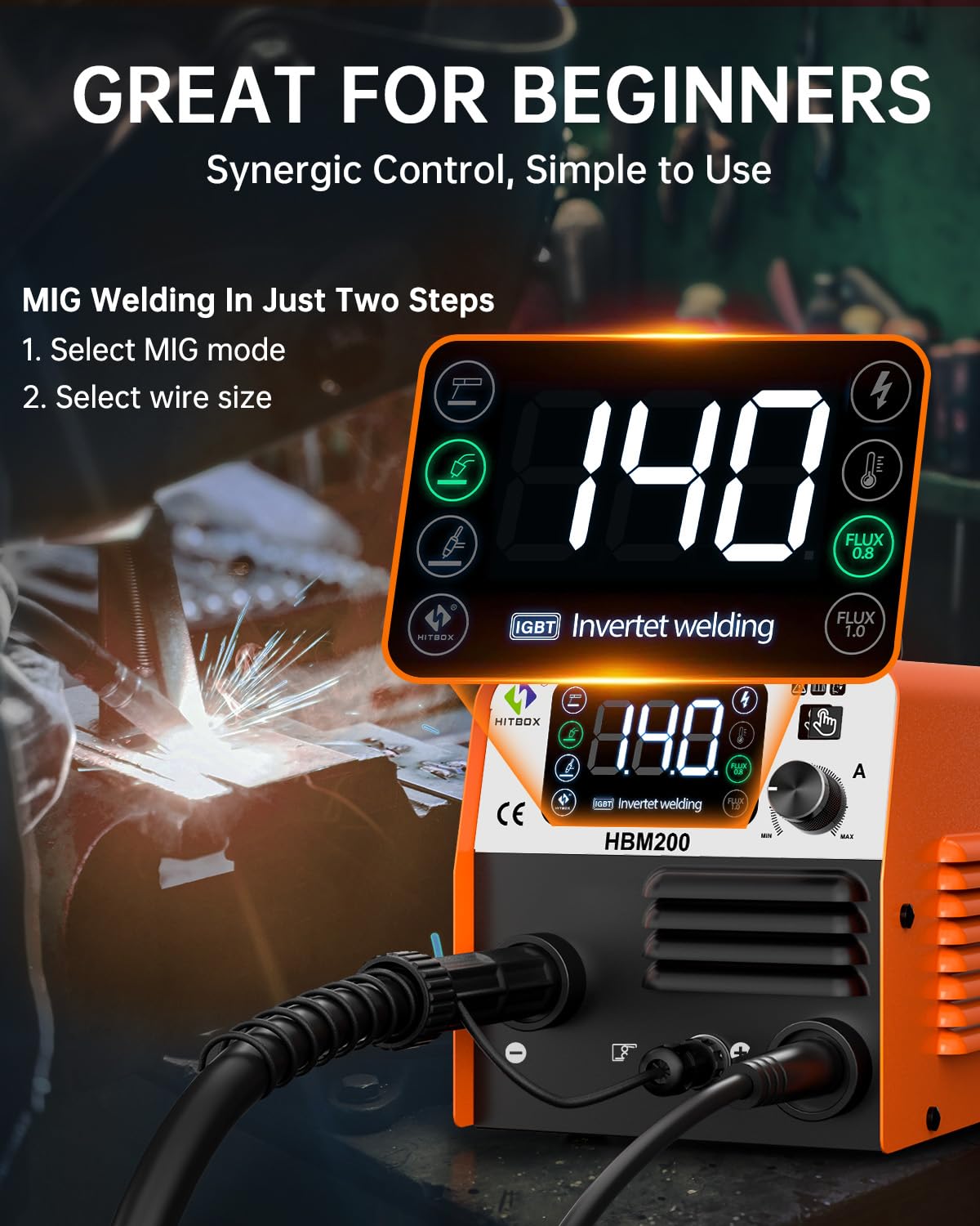 HITBOX MIG Welder Machine 3-in-1, 140A Gasless/Lift TIG/Stick Welding Machine, 110V Portable IGBT Inverter Welder with LCD Display & Synergic Control - Perfect for DIY Projects, Home Repairs, and Metal Fabrication (HBM200)